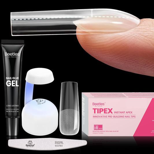 Beetles Tipex Nail Tips Long Square-C Curved Half Matte Nail Tips 224 Pcs Pre Building Fake Nails with Uv Nail Glue, LED Nail Lamp - Thick Acrylic Nail Set for Flat Nails