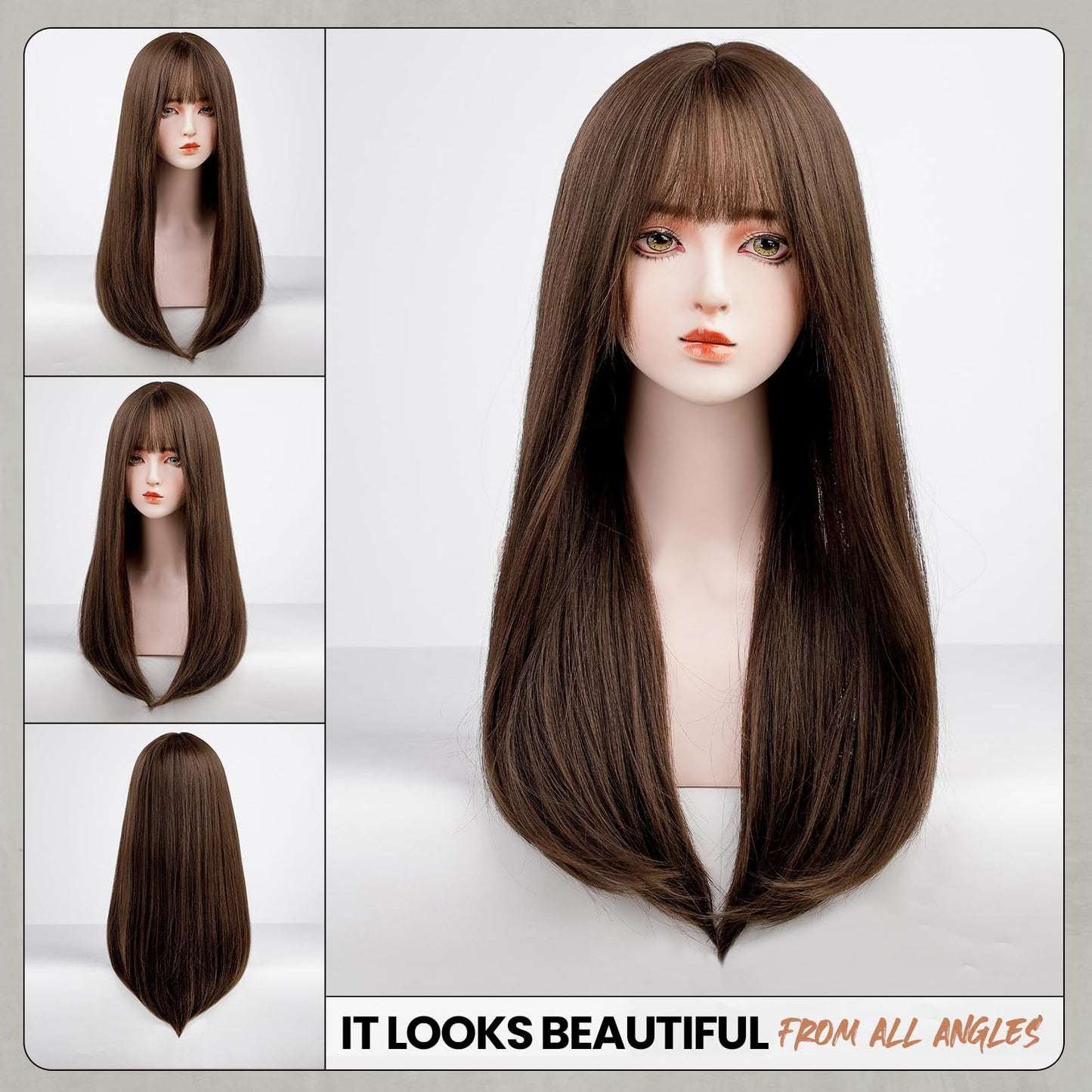 EMMOR Brown Wig With Bangs For Women Long Straight Wigs Synthetic For Girls Halloween Party Cosplay And Daily Use(26" Brown)