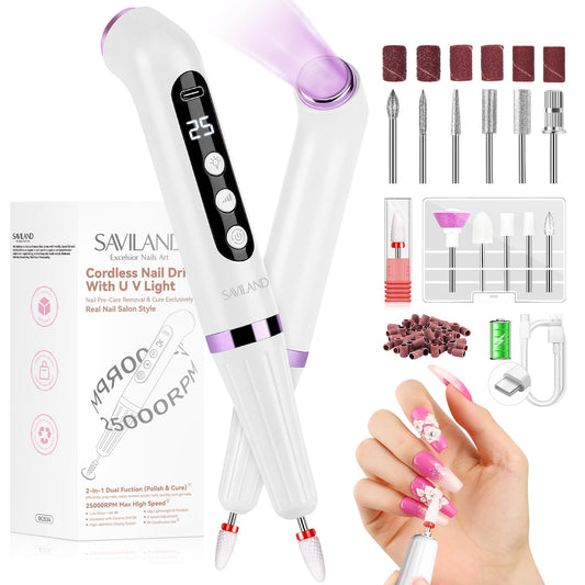 SAVILAND Cordless Nail Drill with U V Light: 25000 RPM Nail Drill Professional & U V Light for Removal & Solidification of Nails 2in1 for Home Nail Art Manicure Pedicure （White）
