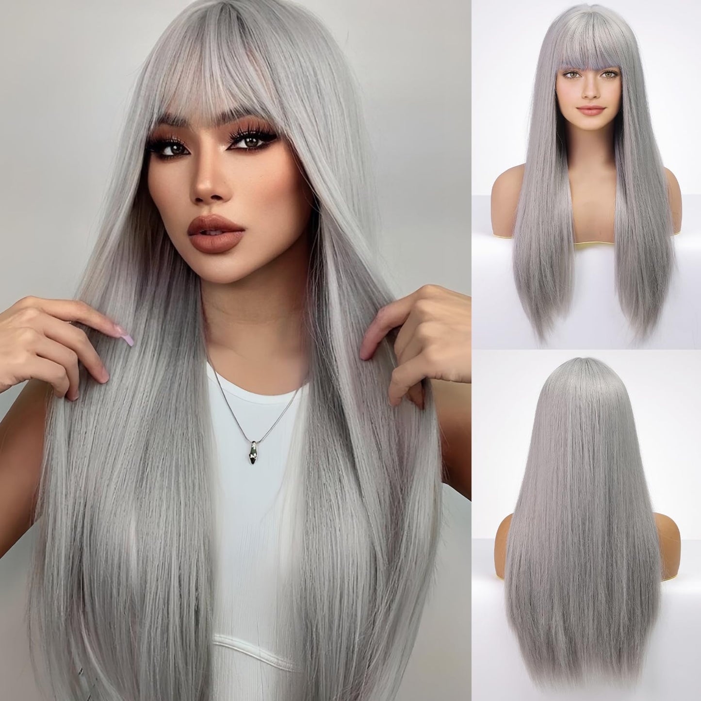 EMMOR Grey Wig With Bangs For Women Long Straight Wigs Synthetic Layered Hairstyle For Girls Party Cosplay And Daily Use(26" Silver Grey)