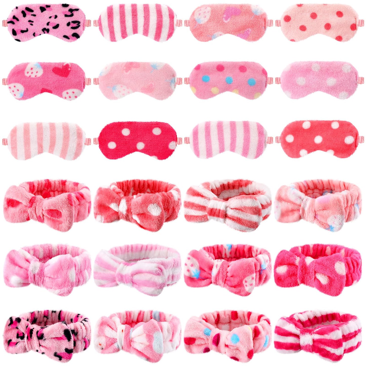 Xuhal 24 Pcs Spa Party Favors for Women Soft Makeup Headband for Washing Face Sleepover Party Supplies Sleep Eye Mask Bow Hair Bands for Sleepover Shower Gifts(Pink Series Dots and Stripes)