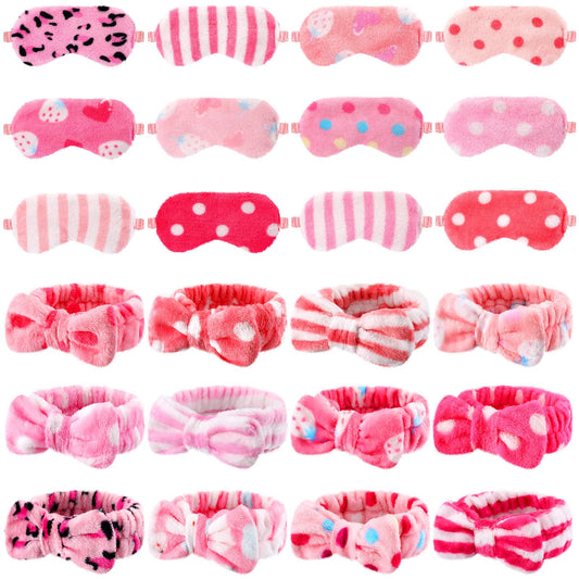 Xuhal 24 Pcs Spa Party Favors for Women Soft Makeup Headband for Washing Face Sleepover Party Supplies Sleep Eye Mask Bow Hair Bands for Sleepover Shower Gifts(Pink Series Dots and Stripes)