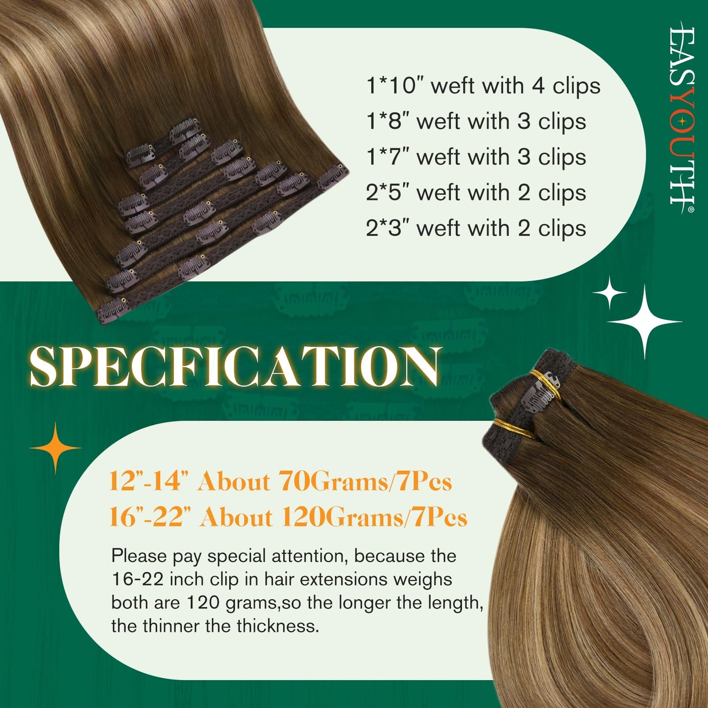 Easyouth Clip in Hair Extensions Real Human Hair Balayage Clip on Hair Extensions for Thick Hair Dark Brown Fading to Caramel Blonde Mix Brown for Long Straight Hair 22In 120G 7Pcs