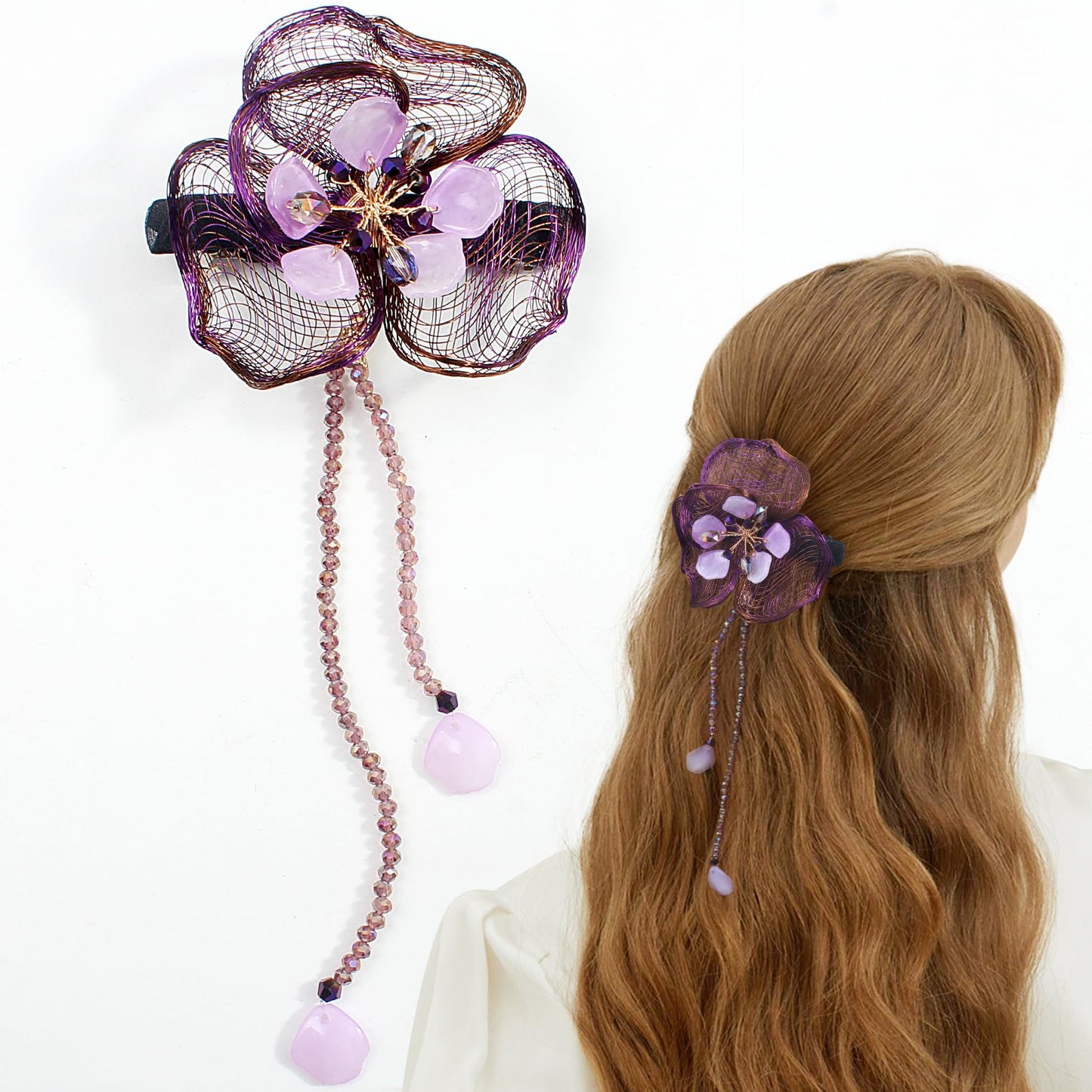 Mistofu 3.93Inch DIY Copper Wire Metal Hand-woven High-level design Barrettes Elegant Hair Accessories, Gifts for Women Girls (purple flower)