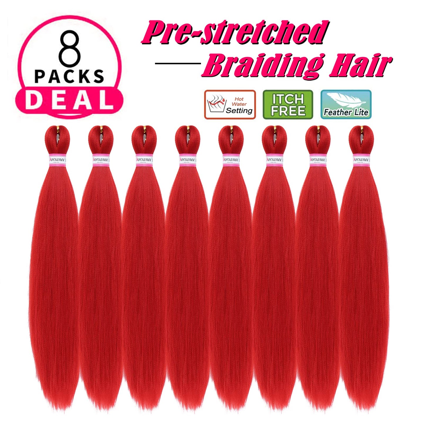Red Braiding Hair Pre Stretched 20 Inch 8 Packs Braiding Hair Extensions for Crochet Box Braids Twists Locs Hair Soft Yaki Texture Hot Water Setting (20inch,#Red)