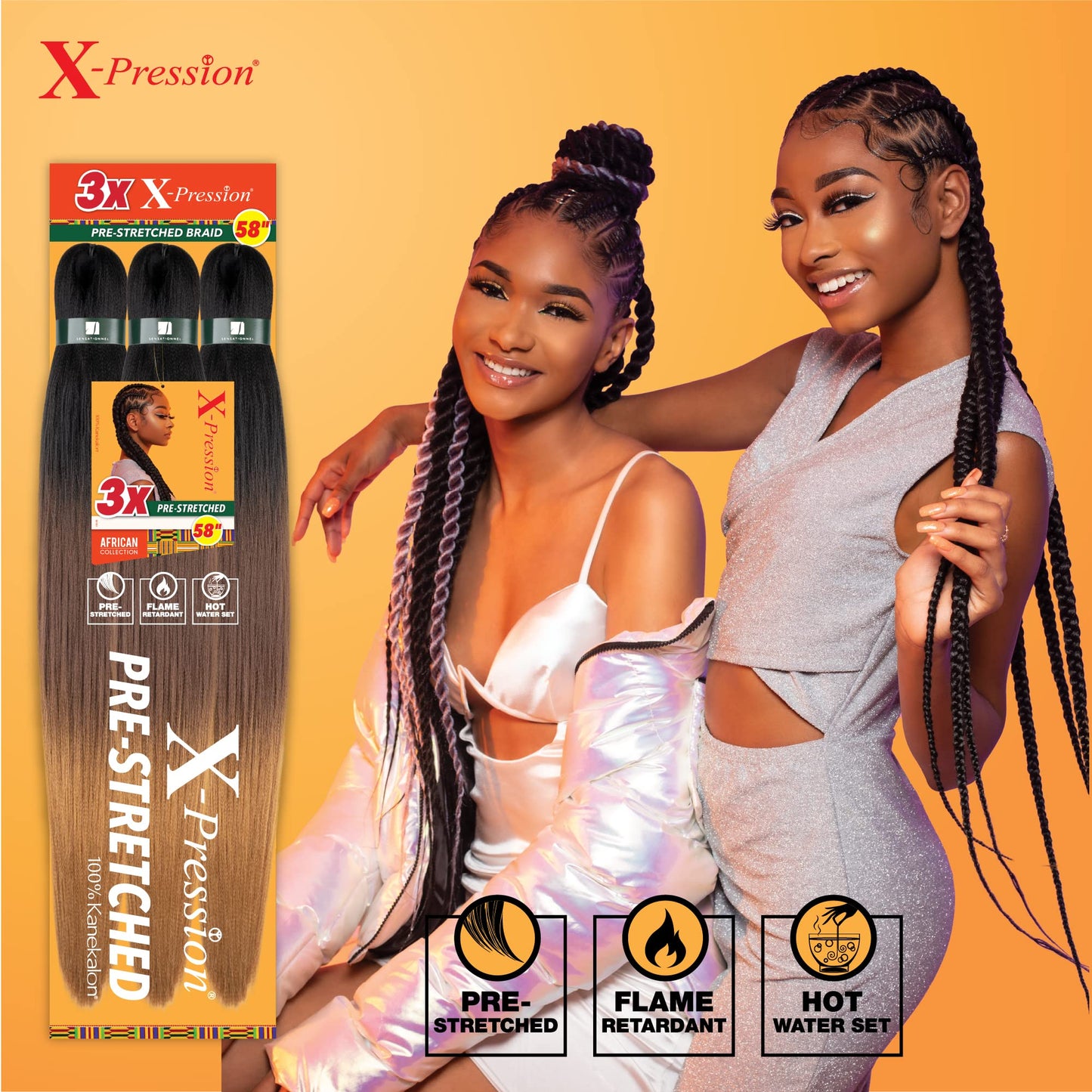 Sensationnel X-pression prestretched braiding hair - 3x braid 58 inch all kanekalon flame retardant synthetic braid for box braids and twists (5 pack, 1 JETBLACK)