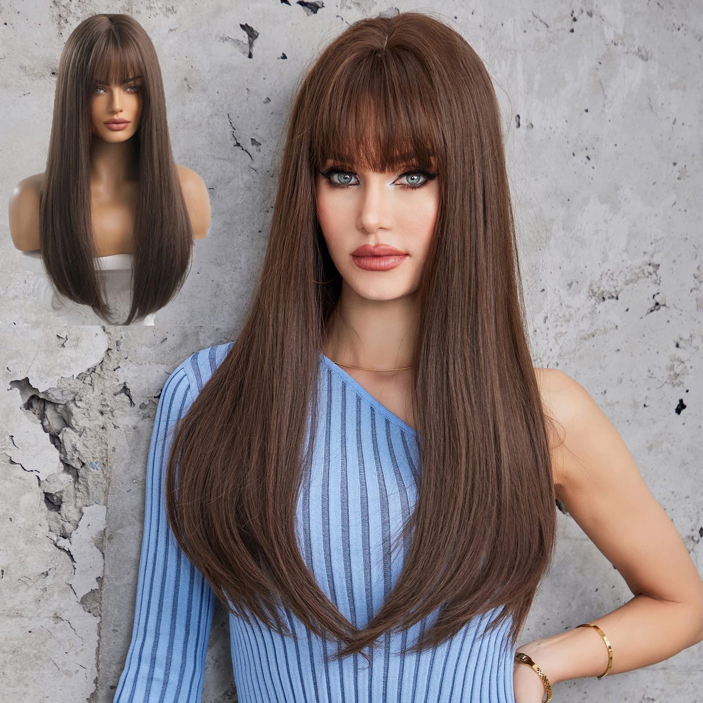 EMMOR Brown Wig With Bangs For Women Long Straight Wigs Synthetic For Girls Halloween Party Cosplay And Daily Use(26" Brown)