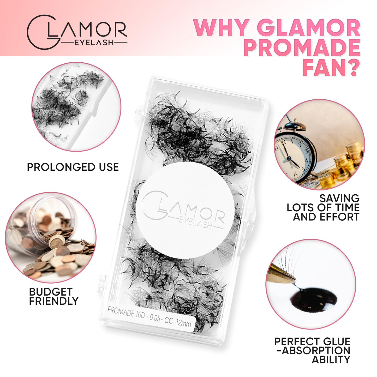 GLAMOREYELASH 500 Promade Volume Fans Loose Eyelash Extension, Handmade Individual Lashes Loose Fan 3D-16D, 0.03/0.05/0.07mm Thickness, C CC D Curl for Mink Lashes, 8-16mm Length (8D-0.05-C, 16mm)
