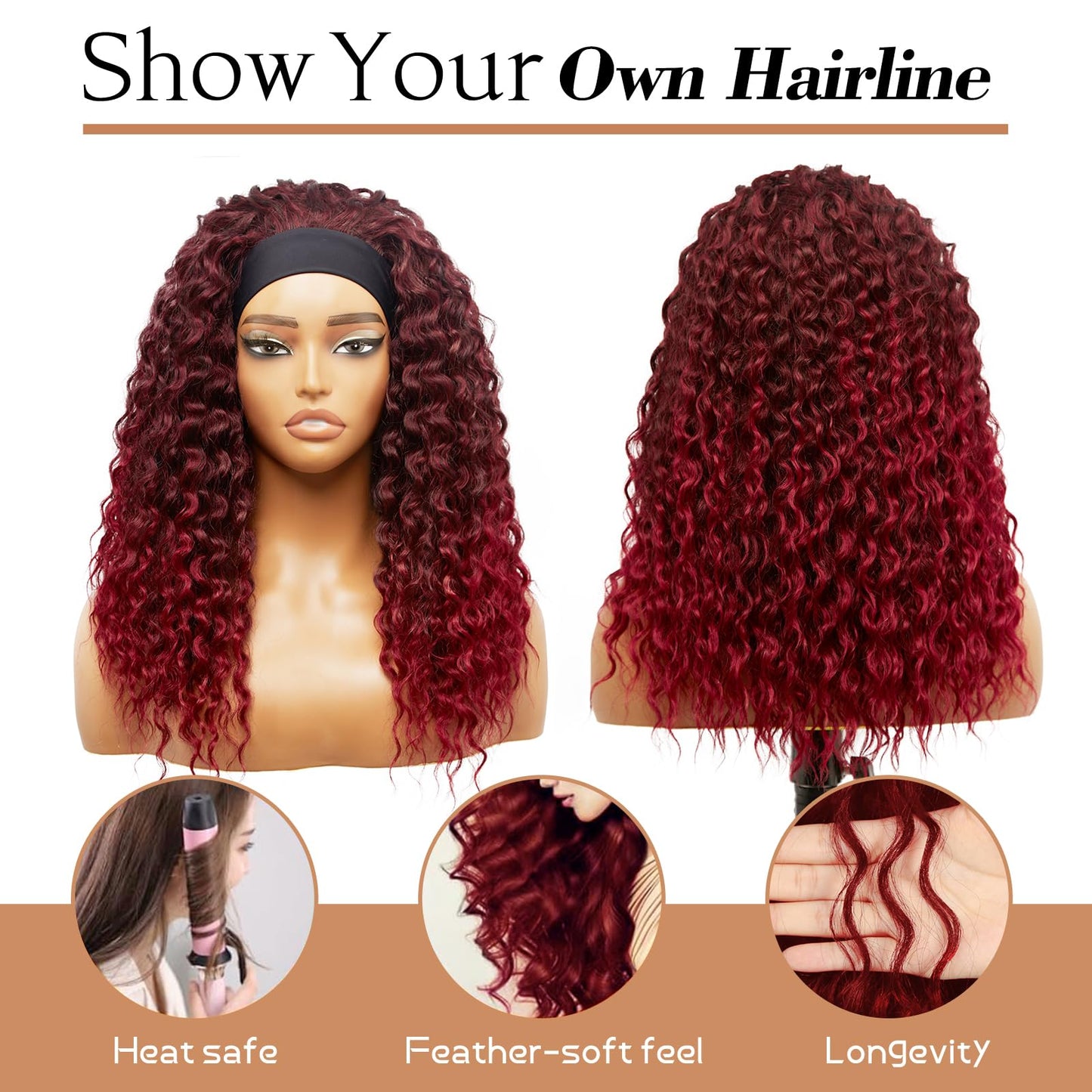 cuiud Red Headband Wig for Women 20Inch Ombre Burgandy Curly Headband Wigs for Black Women Synthetic Glueless None Lace Front Burgundy Hair for Daily（99j Ombre Red）