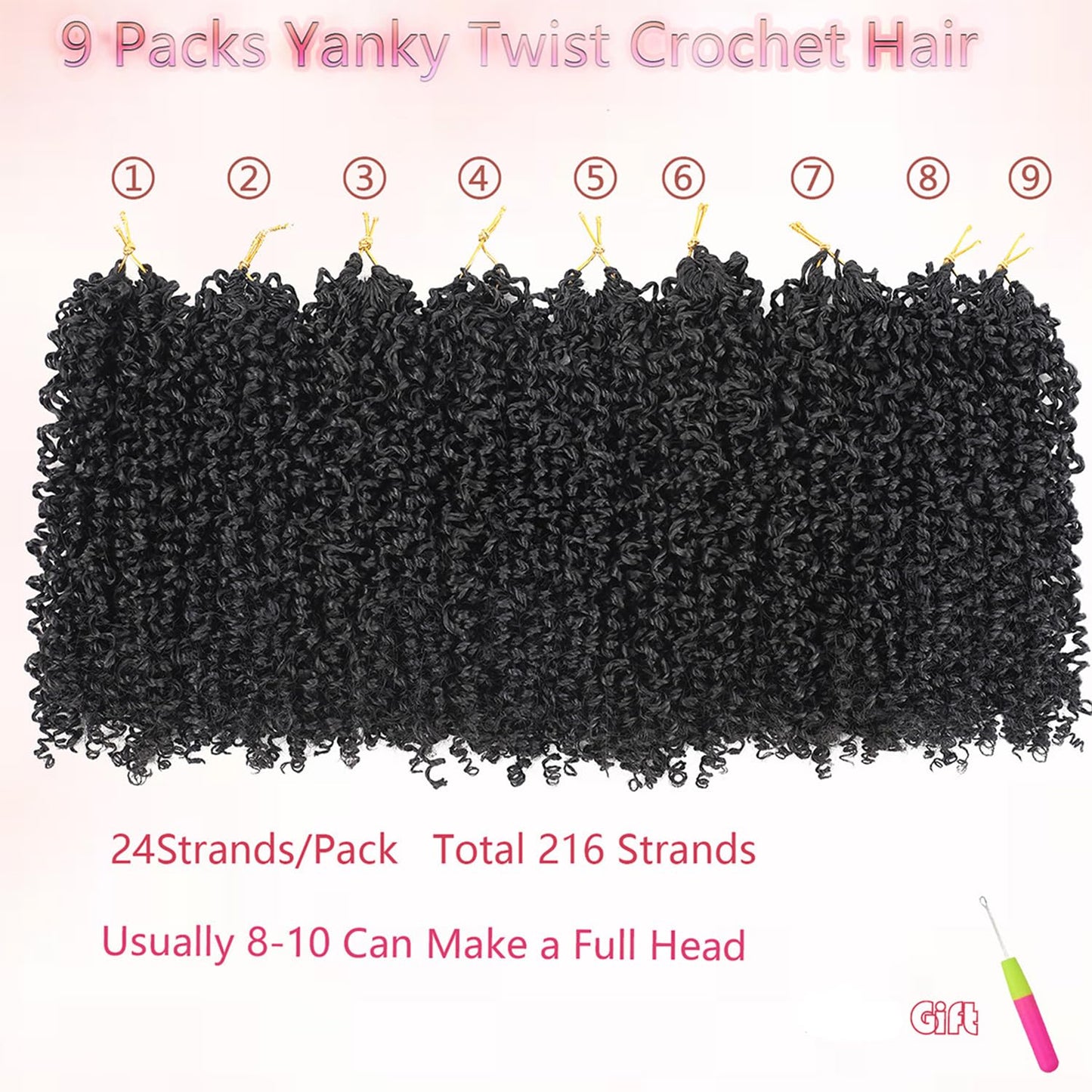 Fovbuty Yanky Twist Crochet Braids Hair 8 Inch 9 Bundles/Lot Natural Black Pre-Twisted Passion Twist With Curly Ends Small Crochet Hair for Senegalese Braids 1B#/9pack
