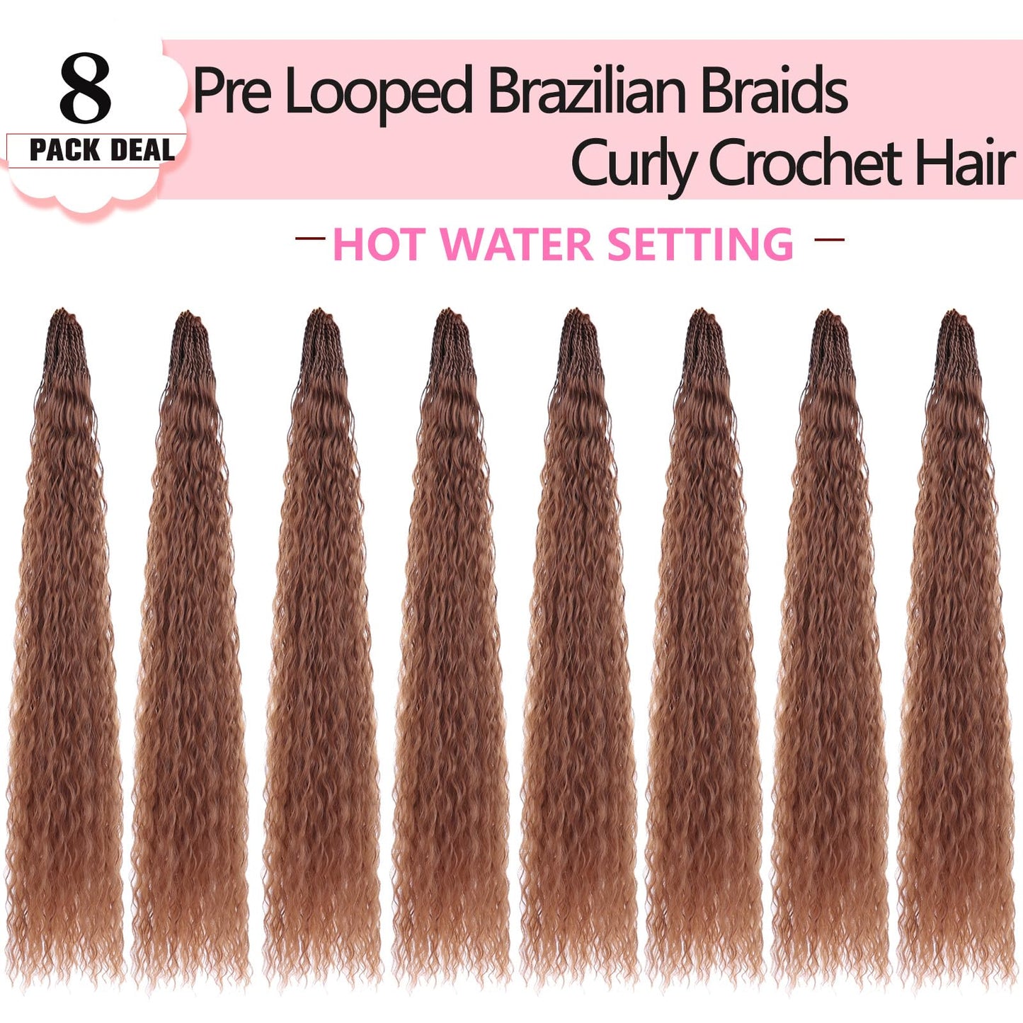 Xtrend Honey Brown Pre Looped Micro Brazilian Kinky Curly Crochet Hair 24 Inch 8 Packs Micro Curly Braiding Hair Extensions Synthetic Deep Wave For Mini Senegalese Twist Hair (30 Strands/Pack, 30#)