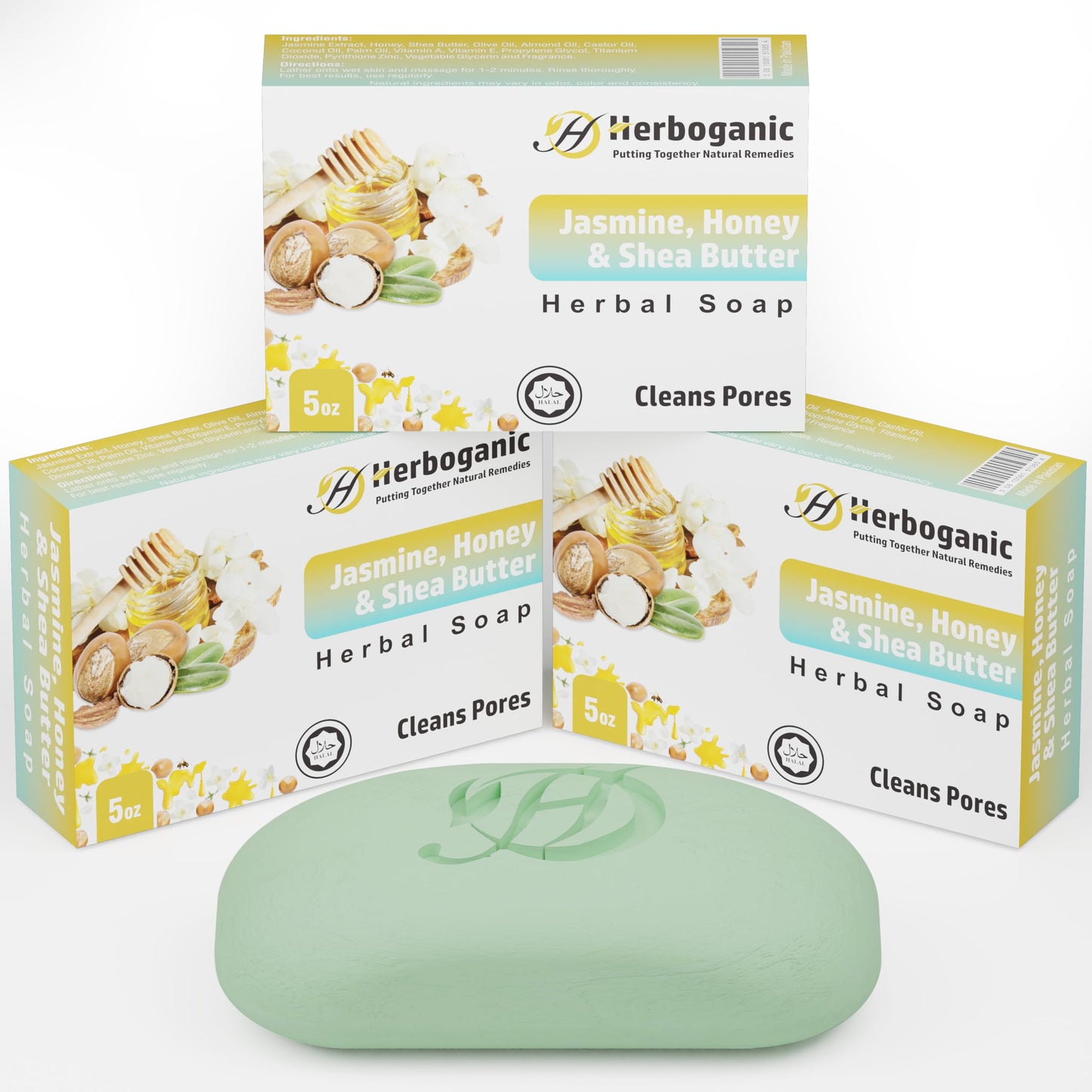 HERBOGANIC Jasmine Honey and Shea Butter Herbal Soap | Pack of 3 of 5oz soap Bar | Natural Bar Soap for Face and Body | Hydrating and Nourishing | Suitable for Men and Women