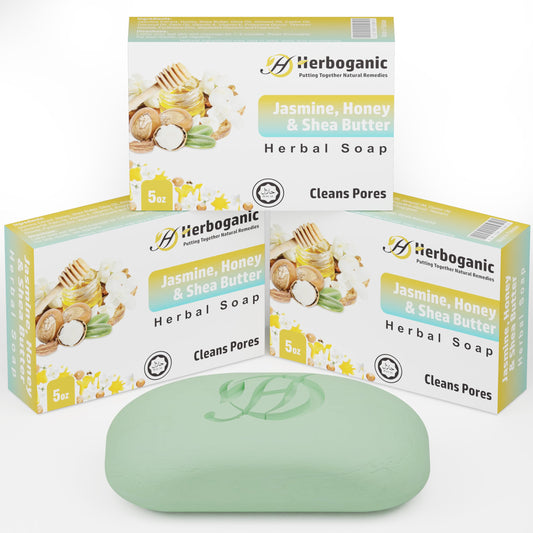 HERBOGANIC Jasmine Honey and Shea Butter Herbal Soap | Pack of 3 of 5oz soap Bar | Natural Bar Soap for Face and Body | Hydrating and Nourishing | Suitable for Men and Women