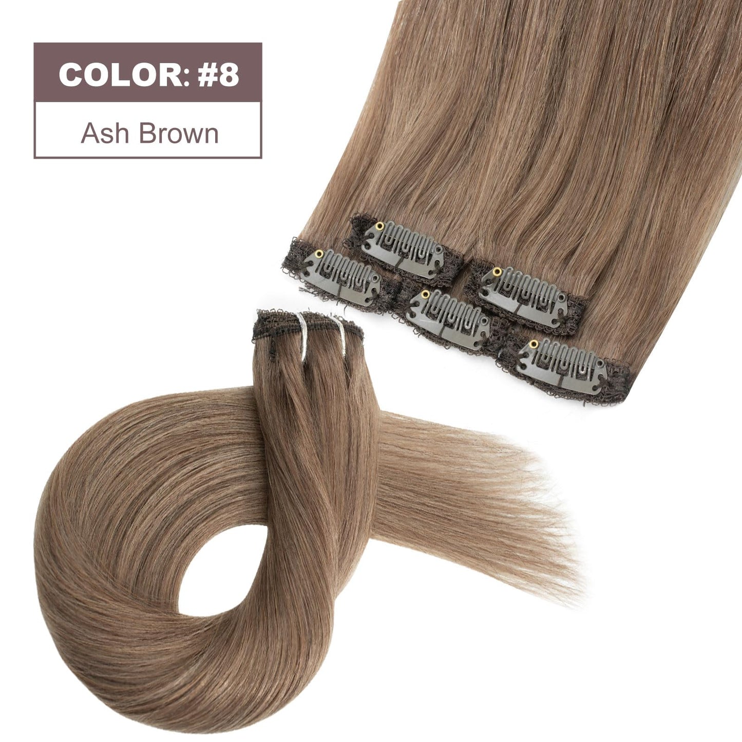 FUBILI Ash Brown clip in hair extensions Natural Remy Real Human straight Hair Extensions 30g 5pcs 14 Inch