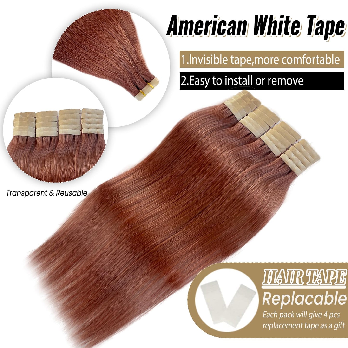 Tape in Hair Extensions Human Hair 14 Inch Glue in Remy Hair Extensions Auburn Brown Color Fashion Tape in Extensions for Women Double Side Invisible Tape in Human Hair Extensions 20Pcs 30Gram