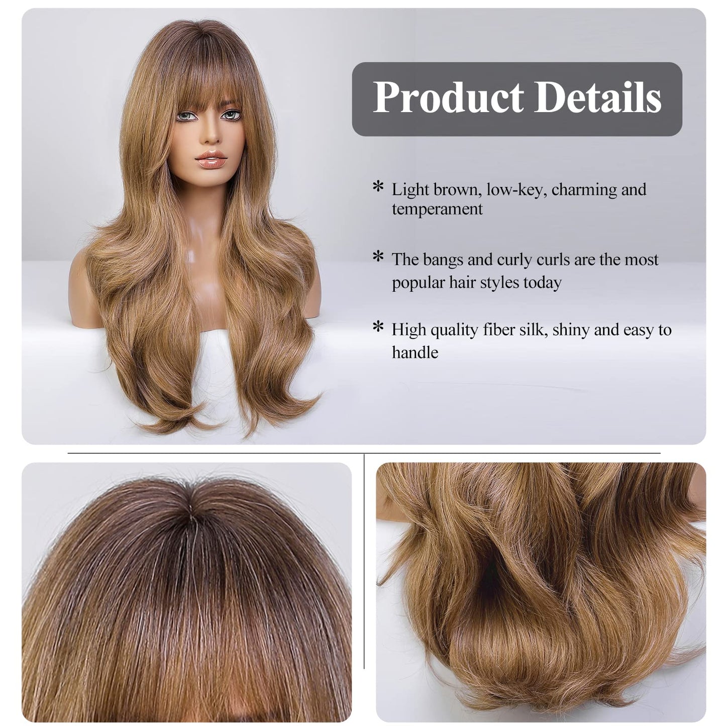HAIRCUBE Light Brown Long Curly Wig with Bangs Heavy Blonde Natural Appearance Heat-Resistant Synthetic Wig Suitable for Fashionable Women 24Inch