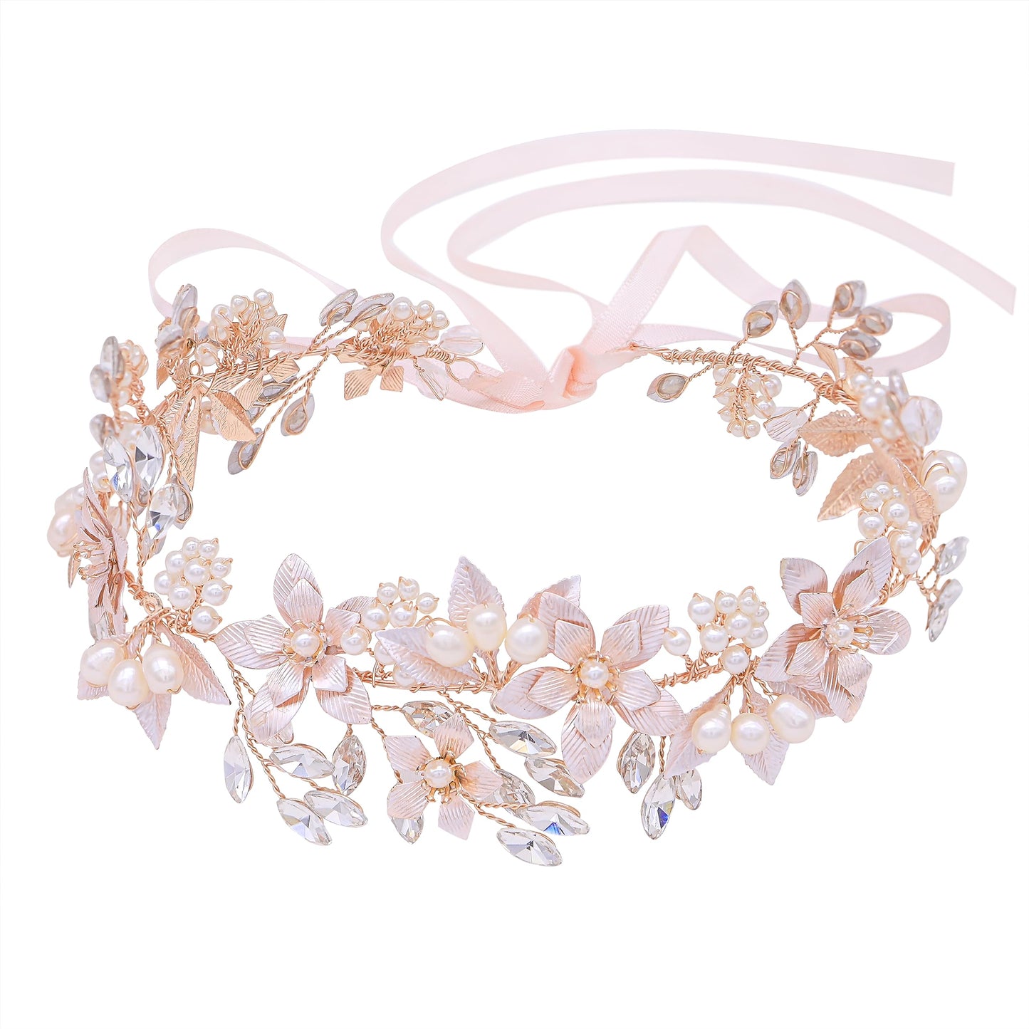Oriamour Wedding Headband Bridal Headpiece Flower Design With Genuine Freshwater Pearls And Ribbons Hair Accessories For Bride (Rose Gold)