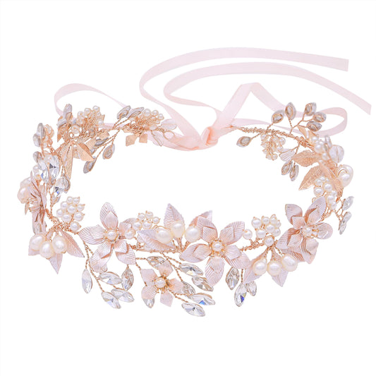 Oriamour Wedding Headband Bridal Headpiece Flower Design With Genuine Freshwater Pearls And Ribbons Hair Accessories For Bride (Rose Gold)