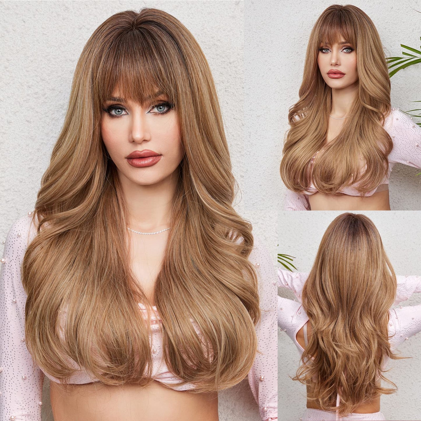 HAIRCUBE Light Brown Long Curly Wig with Bangs Heavy Blonde Natural Appearance Heat-Resistant Synthetic Wig Suitable for Fashionable Women 24Inch