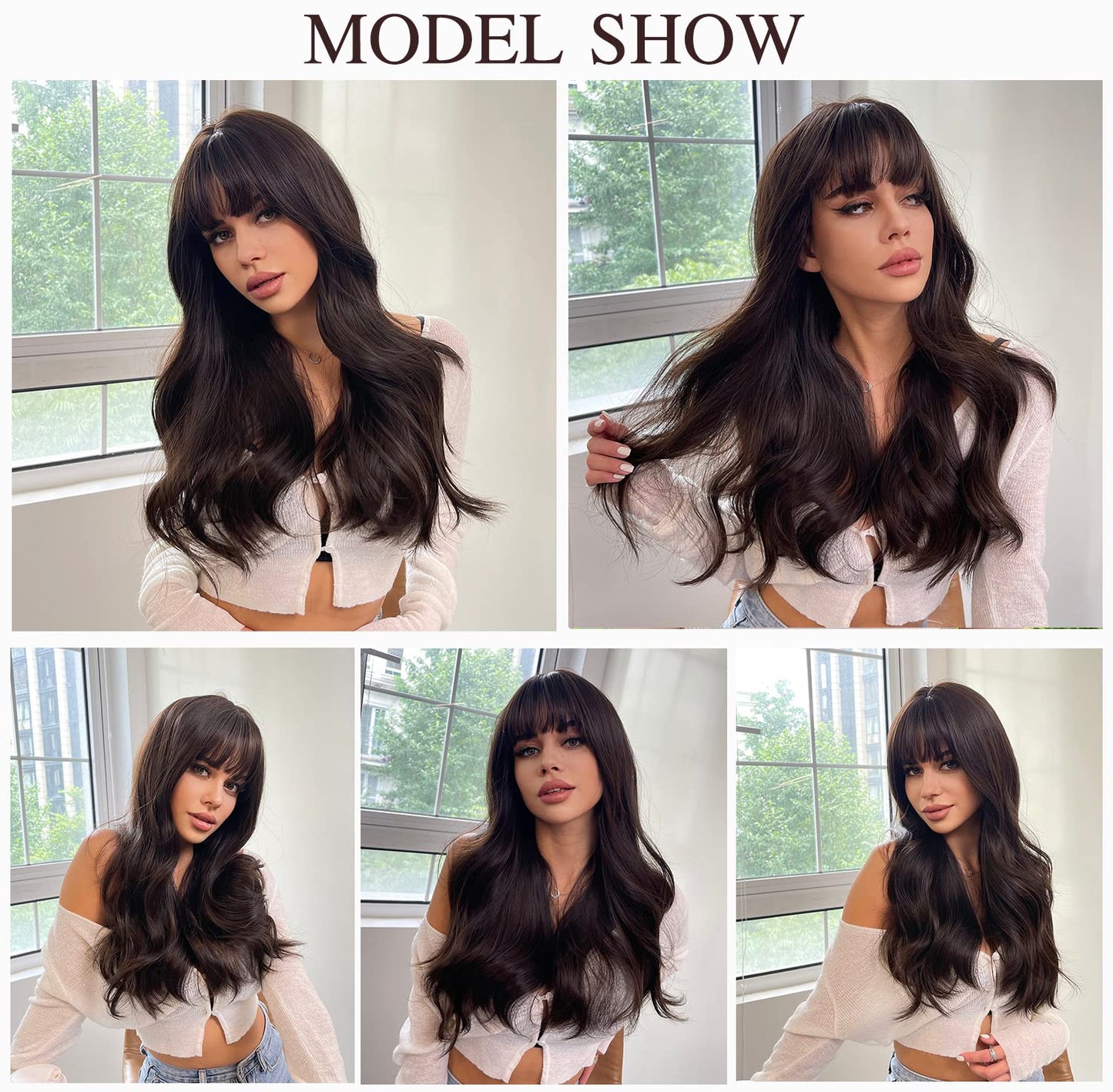 Esmee 24" Long Brown Color Synthetic Natural Wave Wigs with Neat Bangs for White/Black Women Party Wear.