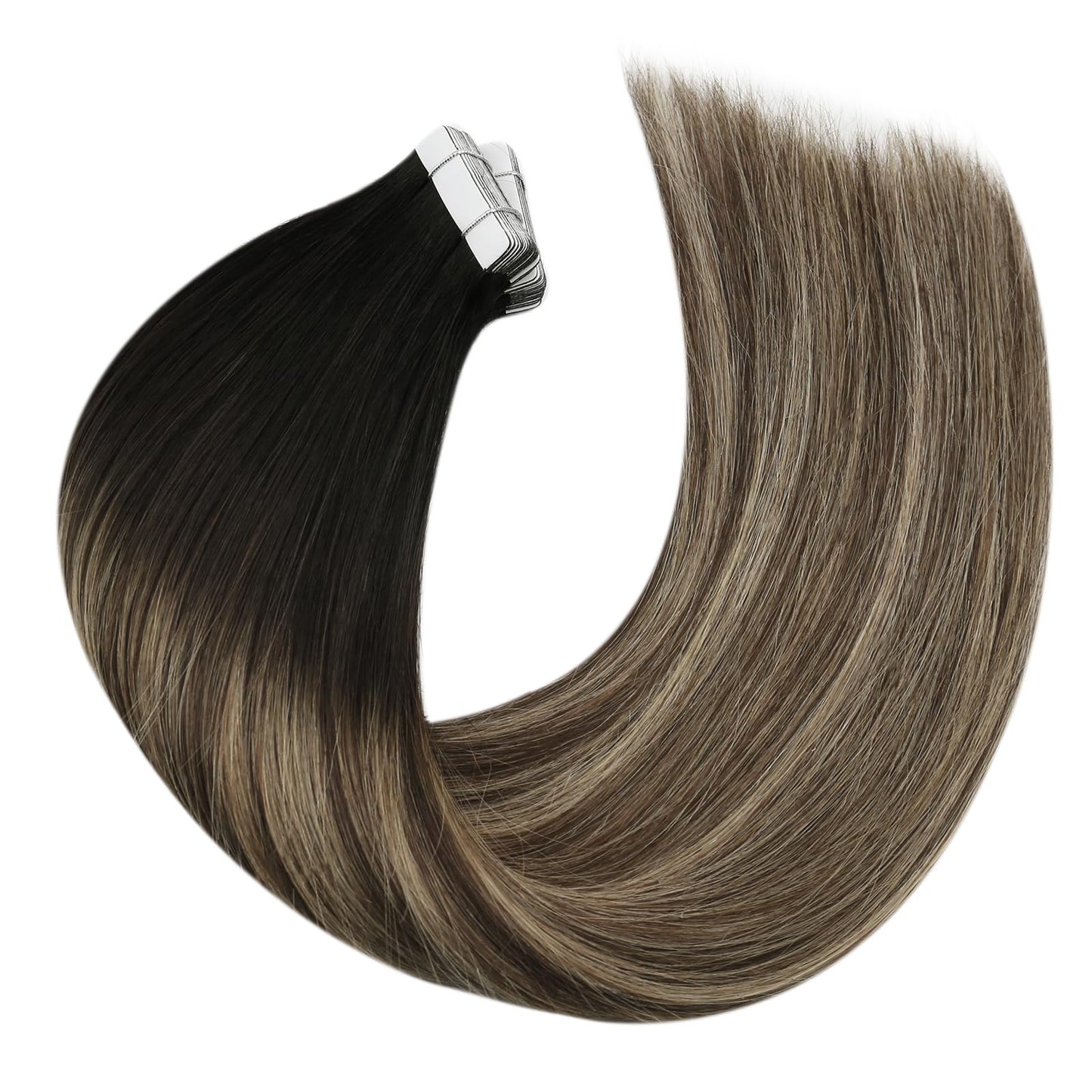 Moresoo Tape in Extensions Balayage Human Hair Extensions Tape in Ombre Off Black to Brown Mix with Blonde Glue in Hair Extensions Real Human Hair Seamless Glue in Hair 12 Inch #1B/3/27 20pcs 30g