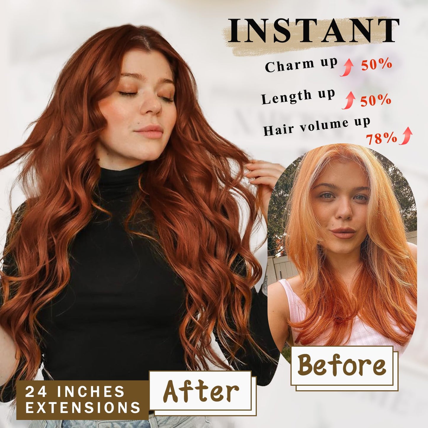 NAYOO Clip in Curly Hair Extensions 4PCS Long Wavy Synthetic Thick Hairpieces with Fiber Double Weft for Women Hair Full Head (24 Inch, Auburn)