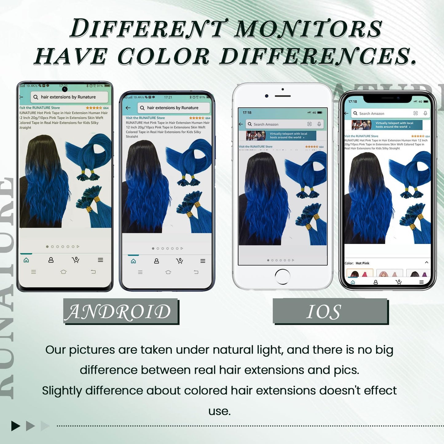 RUNATURE U Tip Human Hair Extensions - Blue Straight for Party - Hot Fusion Colorful 14 Inch 20g 25s