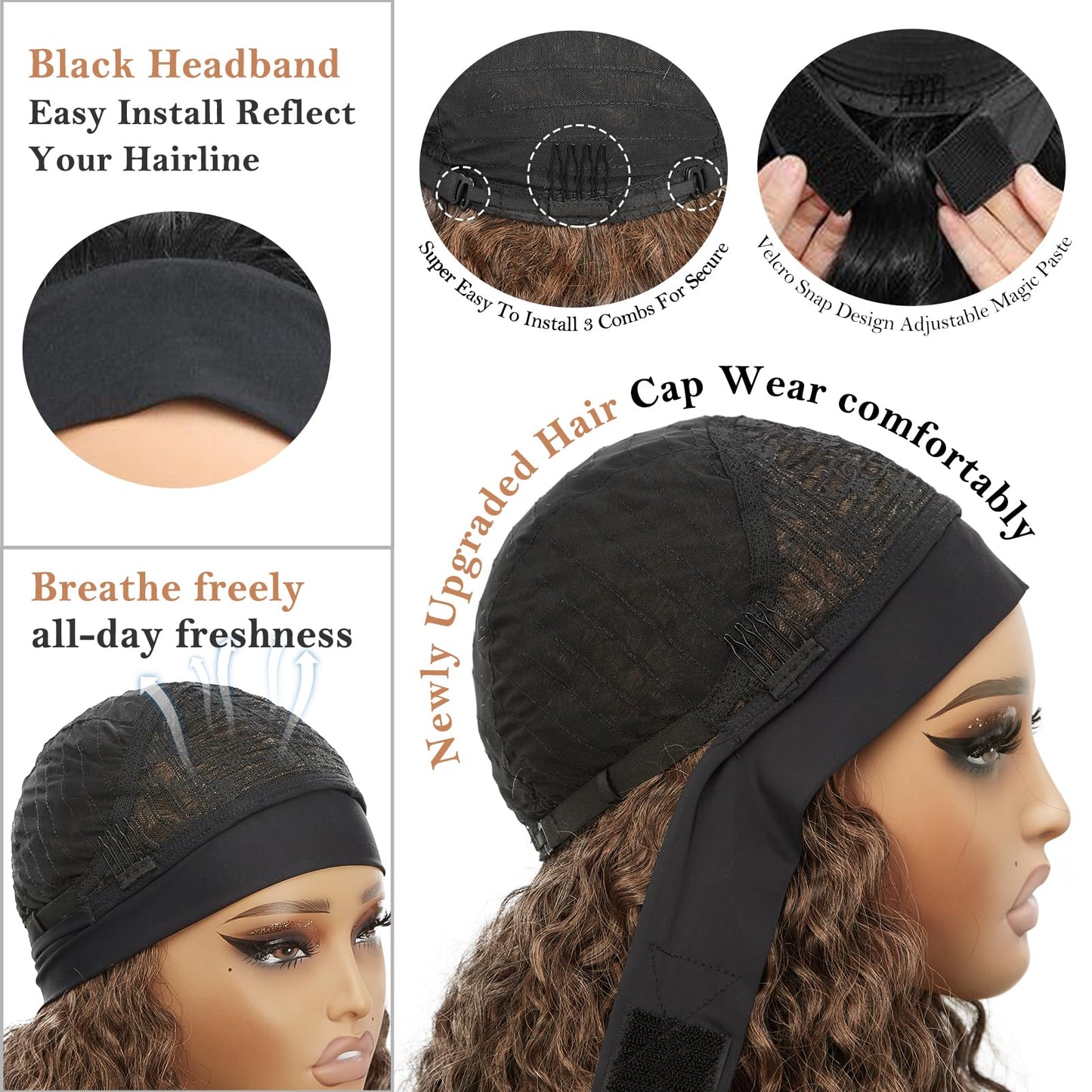 cuiud Red Headband Wig for Women 20Inch Ombre Burgandy Curly Headband Wigs for Black Women Synthetic Glueless None Lace Front Burgundy Hair for Daily（99j Ombre Red）