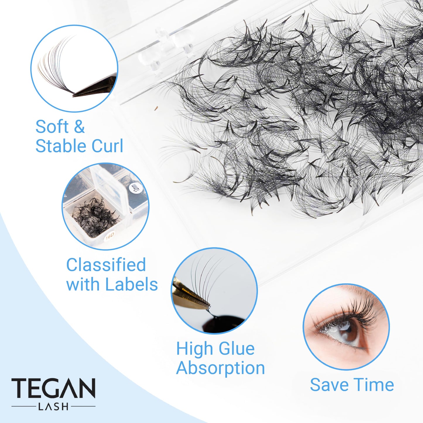 TEGAN LASH Promade Fan Mix Eyelash Extensions, From 3D - 16D, 0.03/0.05/0.07, C/CC/D, 9-15mm, Pre Made Eyelash, Easy Apply Premade False Eyelashes, Pestañas Abanicos Extensiones (7D, 0,07, C, Mix)