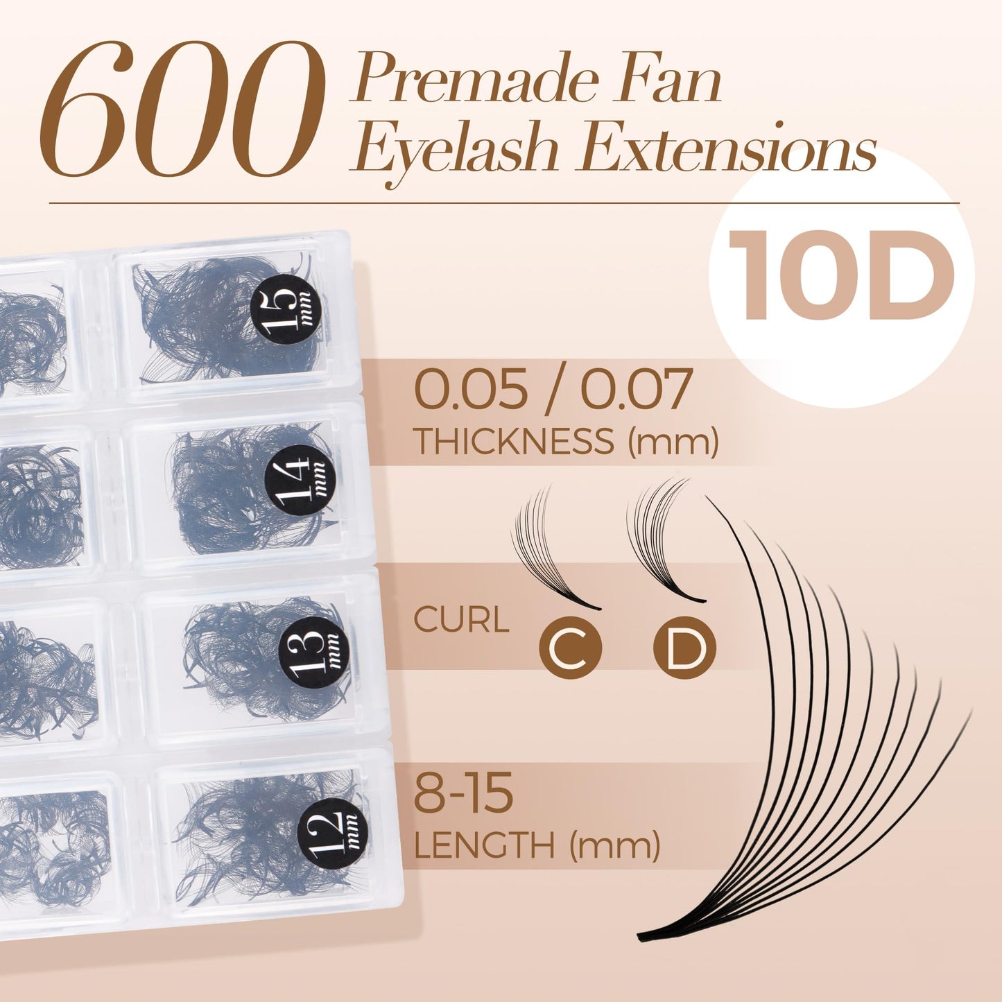 LASHVIEW 600 Fans Premade Lash Fans,10D D Curl Thickness 0.05 Premade Fans Eyelash Extensions 8-15 mm Mixed Length Promades Eyelash Fans Professional Pre Made Lash Fans (10D-0.05-D 8-15mm)