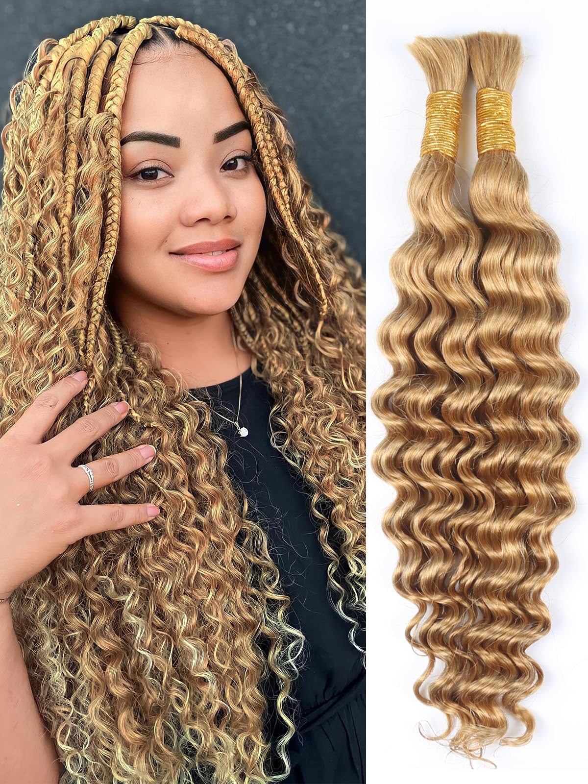 Honey Blonde Human Braiding Hair for Boho Braids 2 Bundles 18 Inch 100g #27 Deep Water Wave Bulk Human Hair for Braiding Wet and Wavy Curly Bundles No Weft Micro Braiding Hair Human Hair Extensions