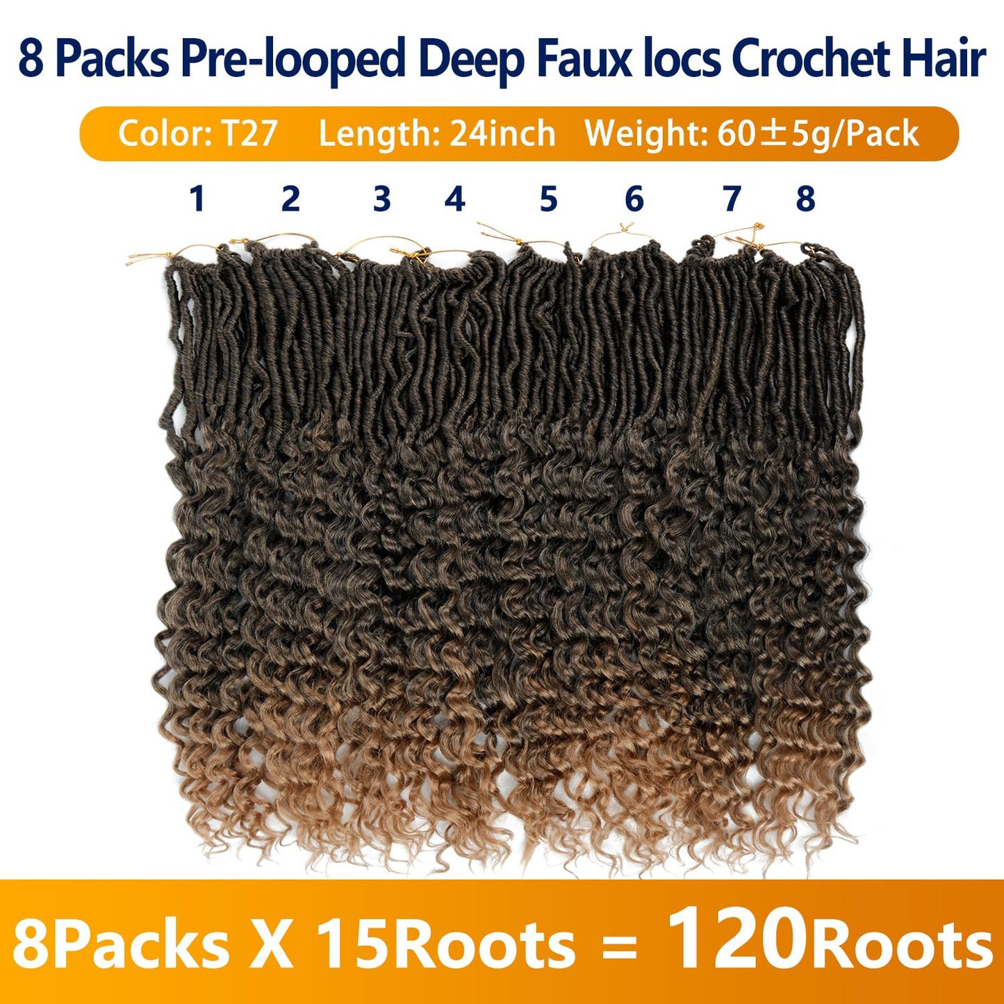 Goddess faux locs Crochet hair 24Inch 8Packs New faux locs Crochet hair Deep Wavy faux locs Crochet hair Pre Looped Crochet hair Extensions for Women(1B-27#)