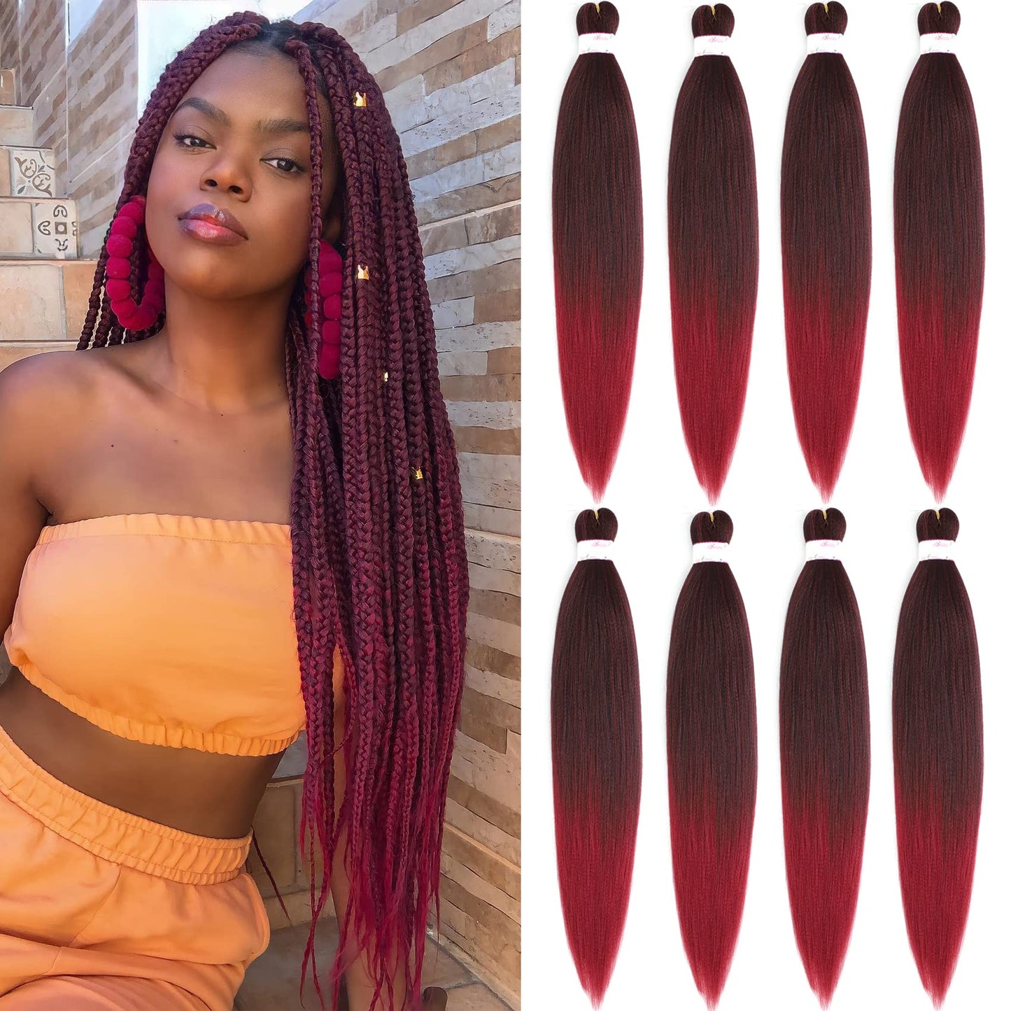 BEFUNNY Ombre Red Braiding Hair Pre Stretched, 8 Packs/Lot 24 Inch Pressional Prestretched Braiding Hair, Yaki Texture Synthetic Hair Extensions For Human Crochet Braids, Itch Free(24", T1B/Burgundy#)