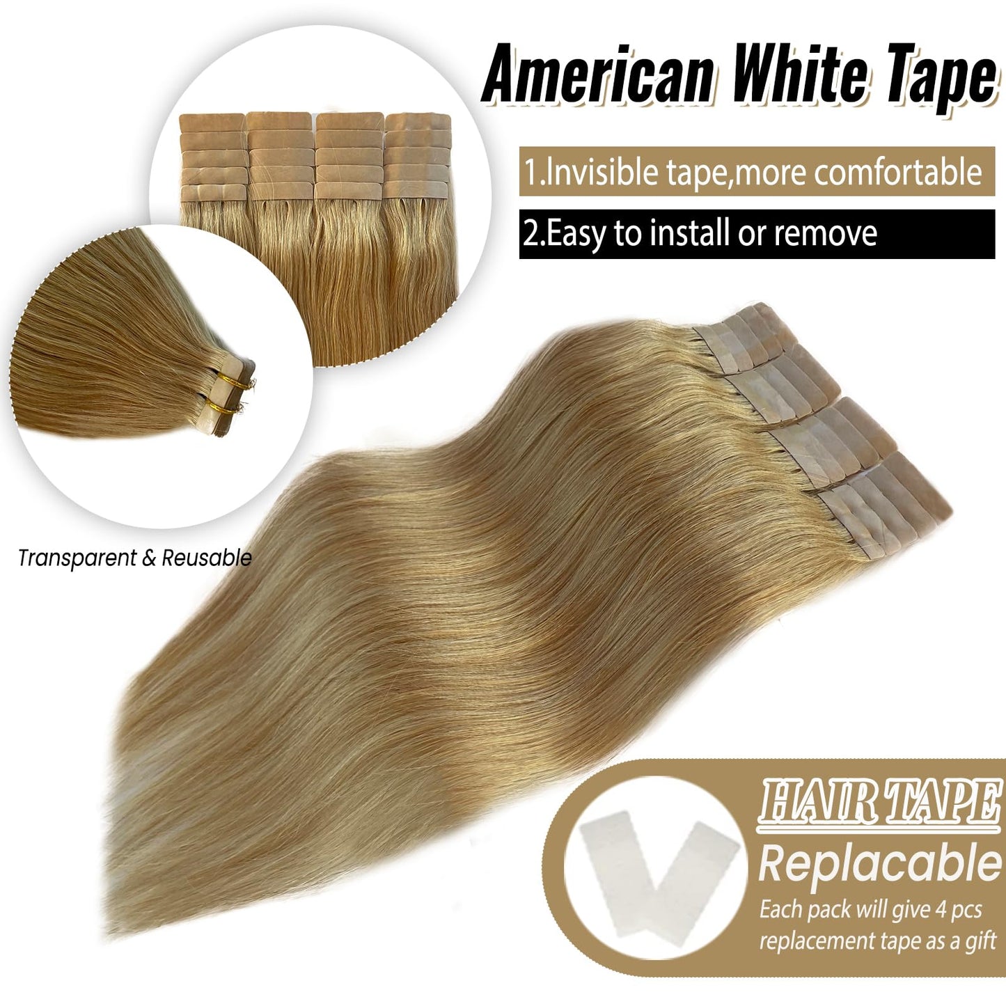 Tape in Hair Extensions Human Hair Double Sided Honey Blonde Invisible Tape in Hair Extensions 20" Seamless Tape ins 20pcs 60g Tape on Real Human Hair Extensions Thick Ends
