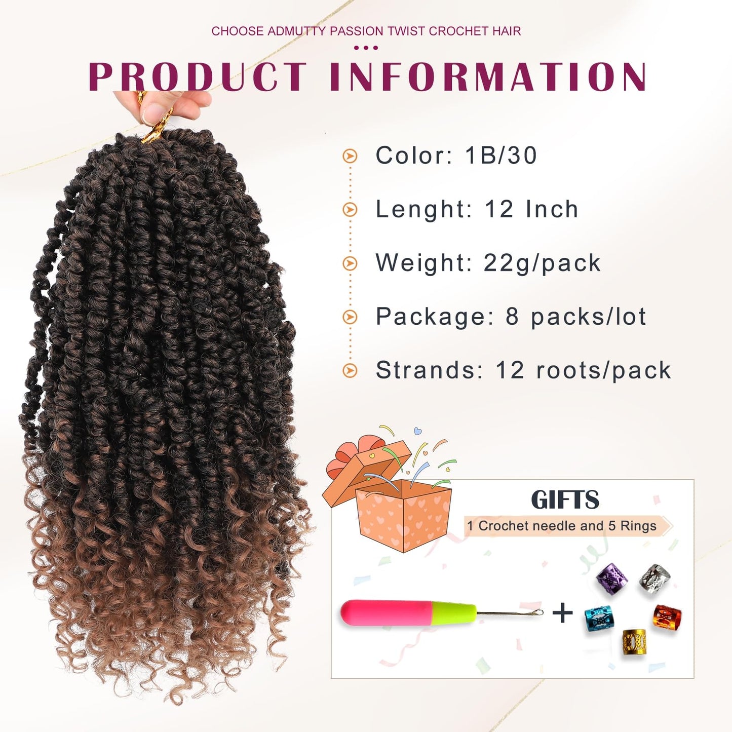Passion Twist Crochet Hair, Pretwisted Passion Crochet Hair 12 Inch, Passion Twist Crochet Hair 8 Packs Prelooped Passion Twist Hair, Short Pre Looped Crochet Hair for Black Women(1B/30)