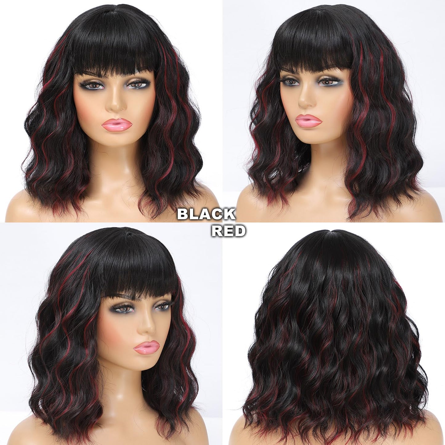 Amarlis Black Mixed Red Bob Wig with Bangs for Women, Natural Looking Heat Resistant Synthetic Wig 14 Inch Curly Bob Wig for Daily Party Use