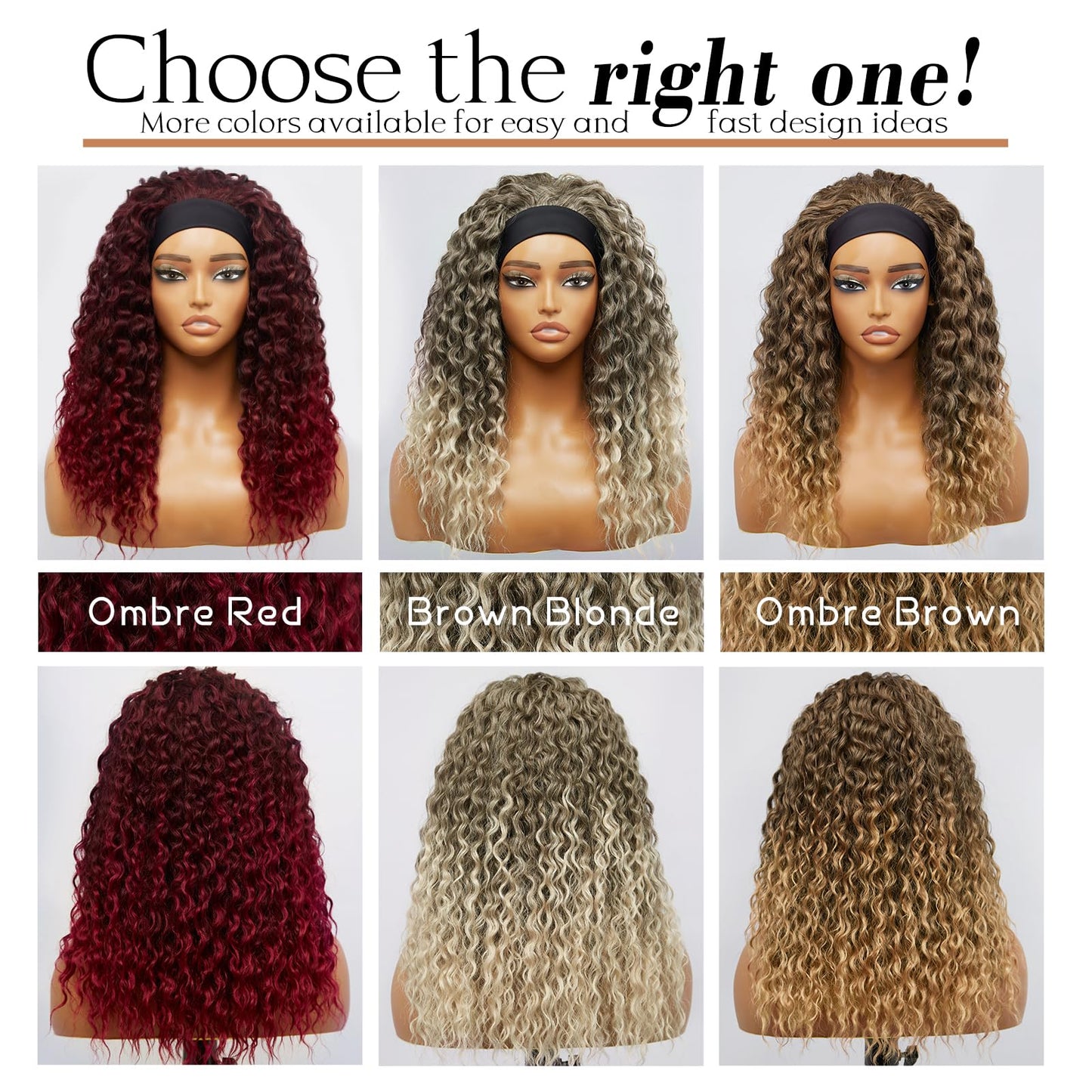 cuiud Red Headband Wig for Women 20Inch Ombre Burgandy Curly Headband Wigs for Black Women Synthetic Glueless None Lace Front Burgundy Hair for Daily（99j Ombre Red）