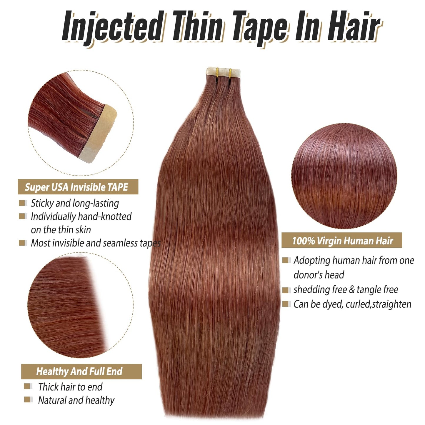 Tape in Hair Extensions Human Hair 14 Inch Glue in Remy Hair Extensions Auburn Brown Color Fashion Tape in Extensions for Women Double Side Invisible Tape in Human Hair Extensions 20Pcs 30Gram