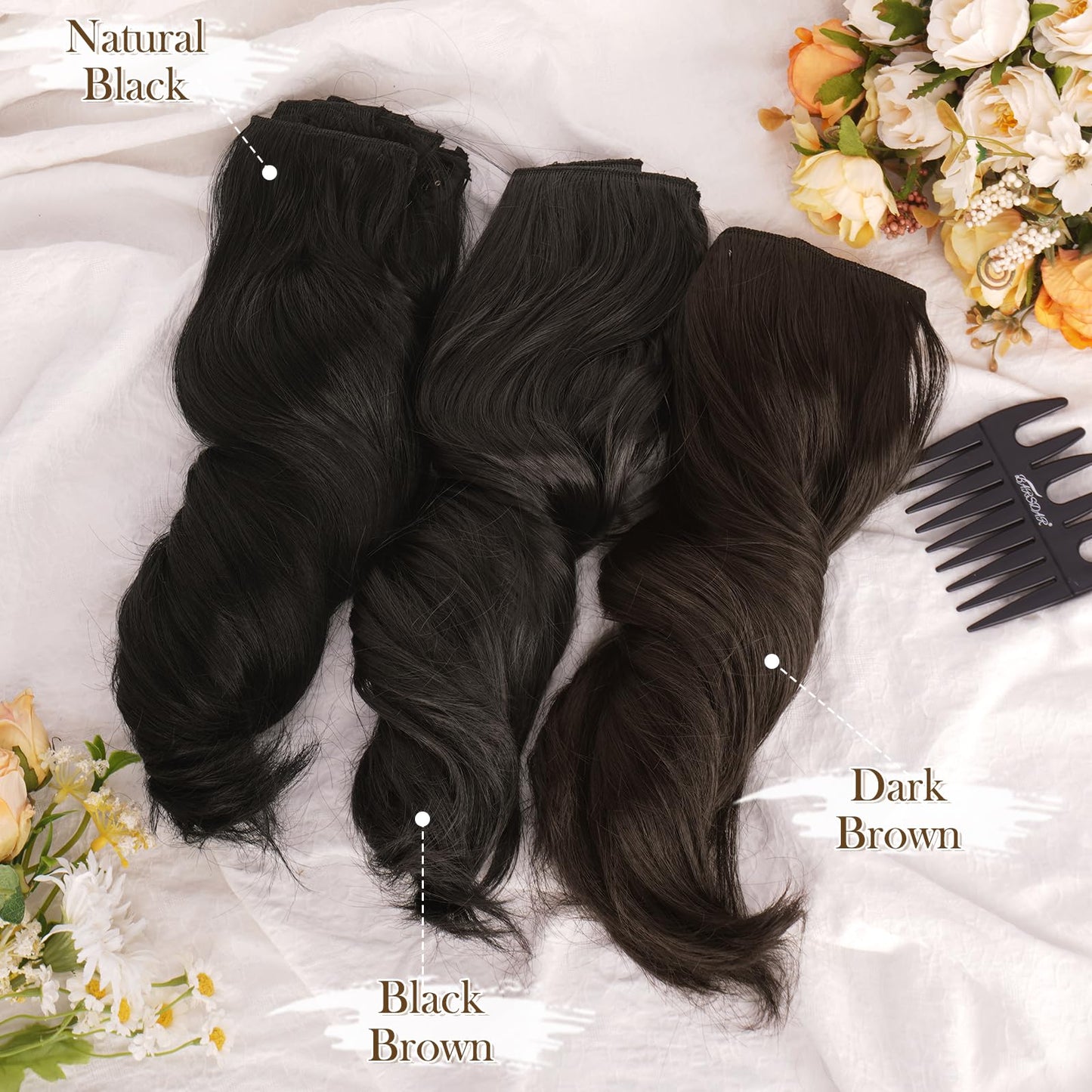 BARSDAR Black Brown Clip in Hair Extensions - 12 Inch Wavy Clip in Hair Extensions for Women - 6PCs Full Head Thick Soft Synthetic Clip in Hairpieces Daily Party Halloween - Black Brown