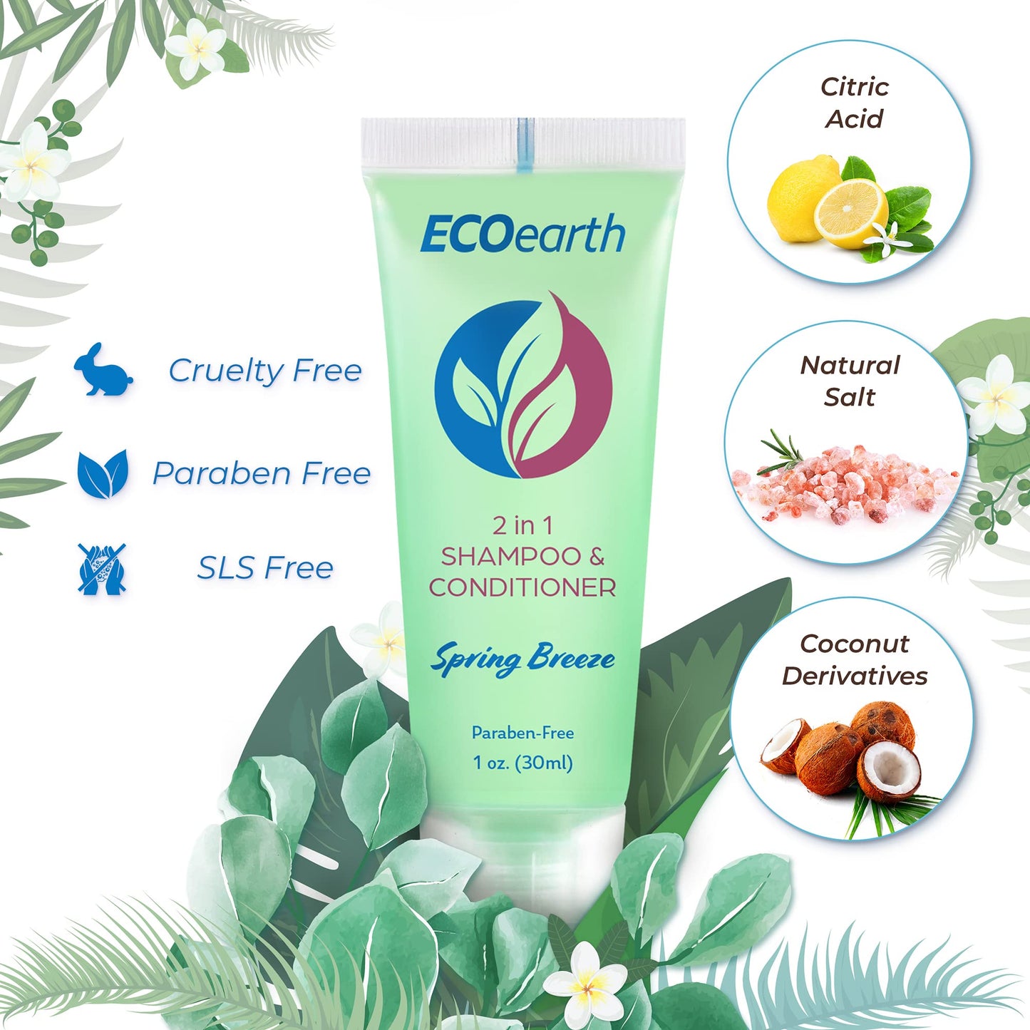 EcoEarth Travel Size Shampoo Conditioner 2-in-1 (1 fl oz, 200 PK, Spring Breeze) Delight Your Guests w/Revitalizing & Refreshing Conditioning Shampoo Amenities, Small Size Hotel Toiletries in Bulk