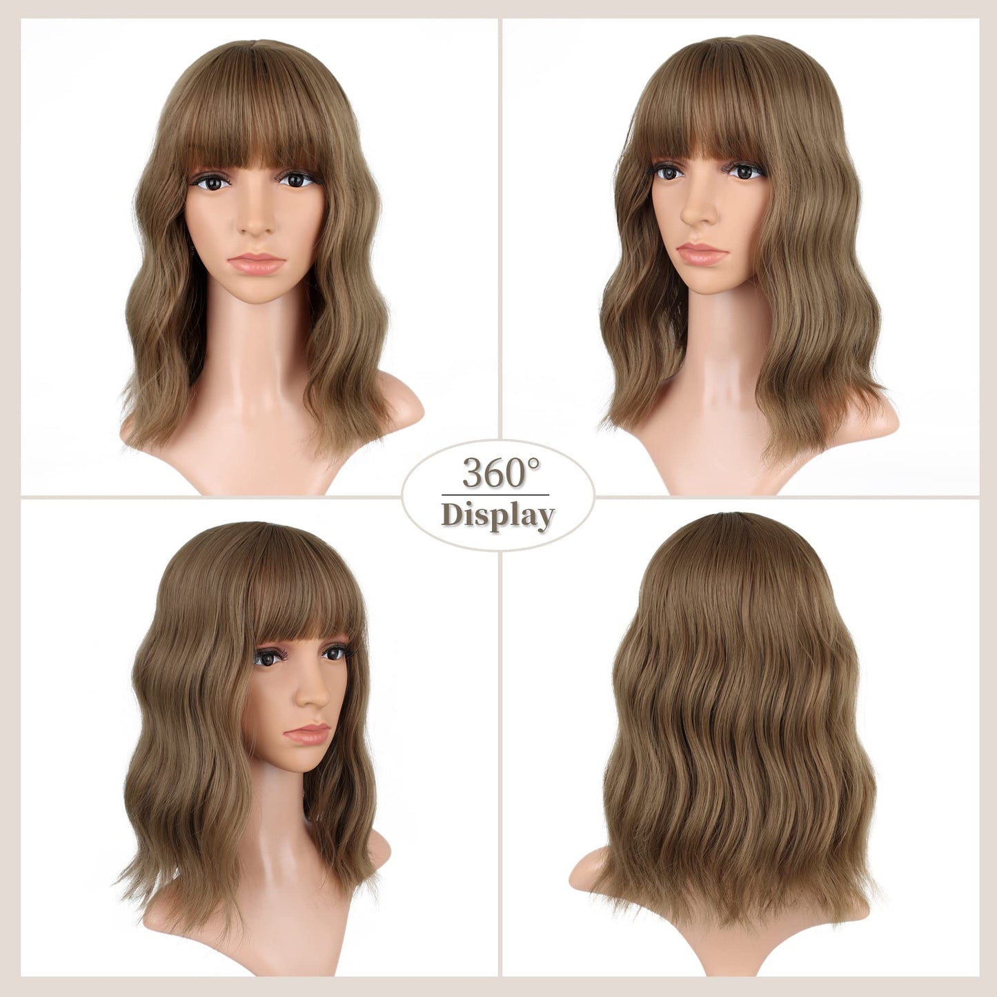 VCKOVCKO Light Brown Curly Bob Wig With Air Bangs Natural Curly Wavy Short Bob Wigs Women's Shoulder Length Wigs Synthetic Cosplay for Girl Colorful Wigs(12",Light Brown)