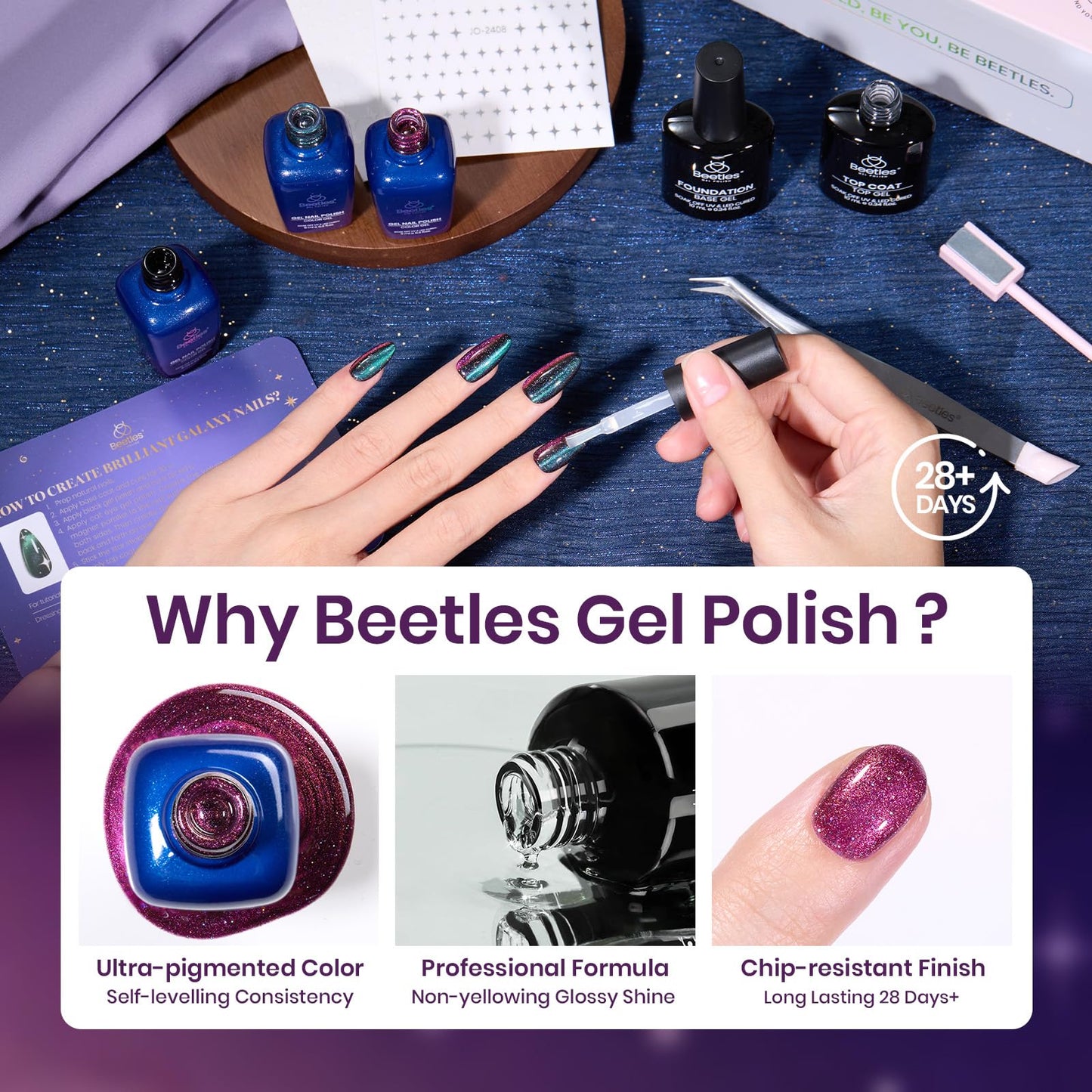 Beetles Gift Gel Nail Polish Set, Cat Eye Black Gel Polish Brilliant Galaxy Nail with Base & Top Coat, Star Stickers, Magnet, Tweezers DIY Series Color Nail Trend Set Manicure