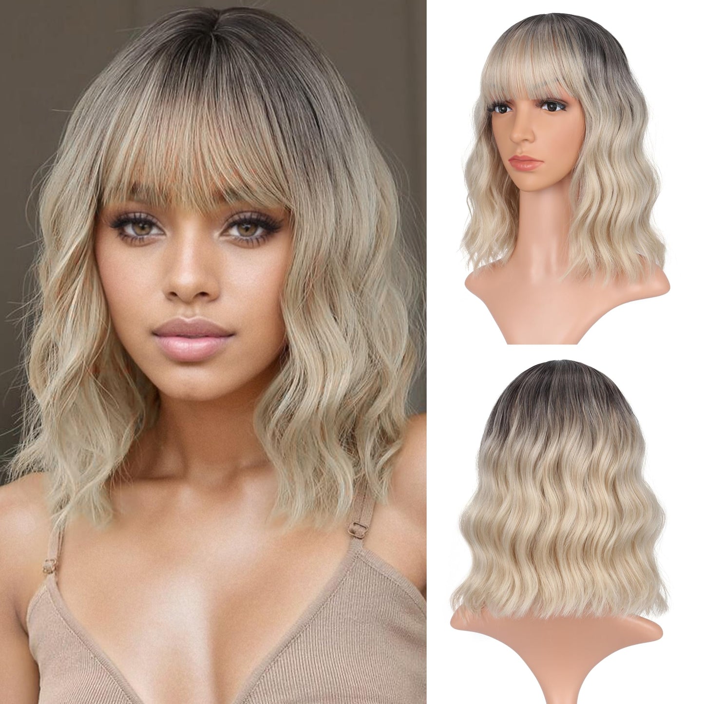 VCKOVCKO Bob Wig - Black-gold Gradient, Wavy, Air Bangs, Shoulder Length, Synthetic, Pastel for Women (12")