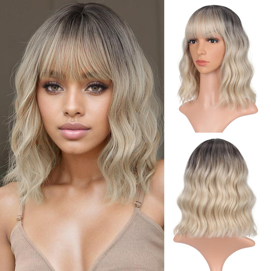 VCKOVCKO Bob Wig - Black-gold Gradient, Wavy, Air Bangs, Shoulder Length, Synthetic, Pastel for Women (12")