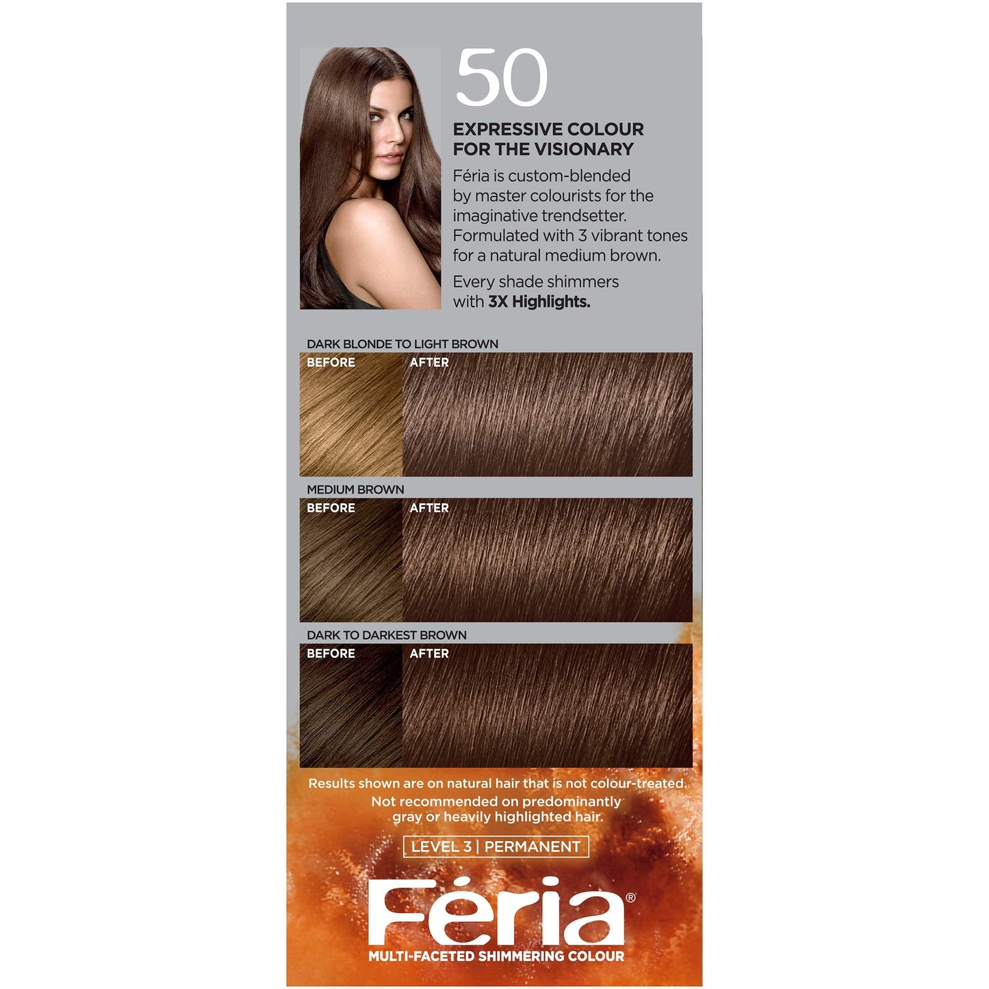 L'Oreal Paris Feria Multi-Faceted Shimmering Permanent Hair Color, 50 Havana Brown (Medium Brown), 1 kit, (Pack of 10)