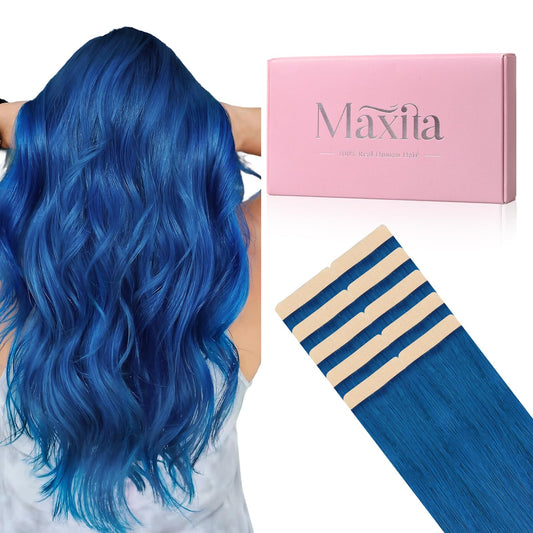 MAXITA Tape in Hair Extensions Human Hair Blue Tape in Extensions 14 Inch 10pcs 25g Remy Invisible Silky Straight Colored Soft Real Human Hair Tape ins Natural Hair Extensions for Women