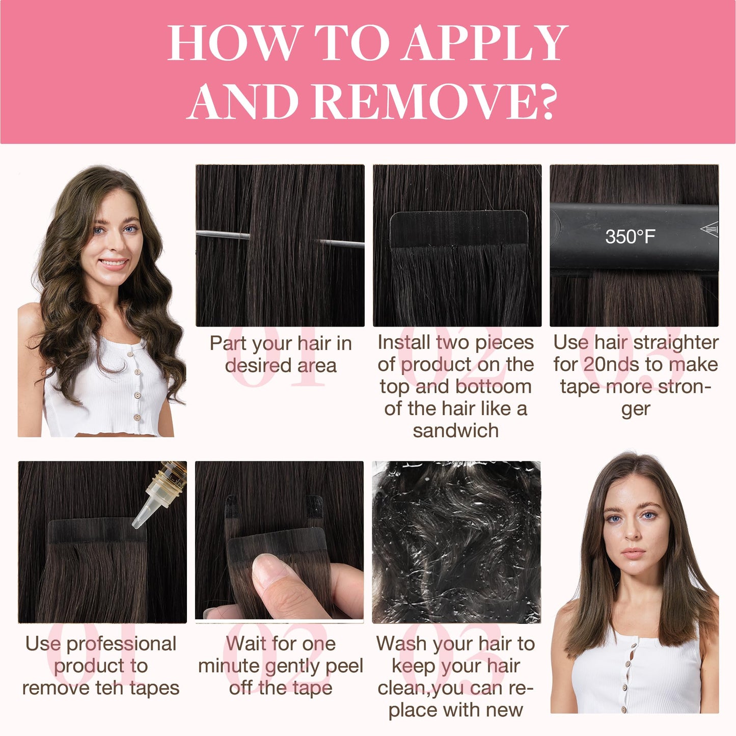 GOO GOO Tape in Hair Extensions Human Hair, Dark Brown Highlighted Chestnut Brown, 18inch 25g 10pcs, Thick Ends Straight Seamless, Invisible