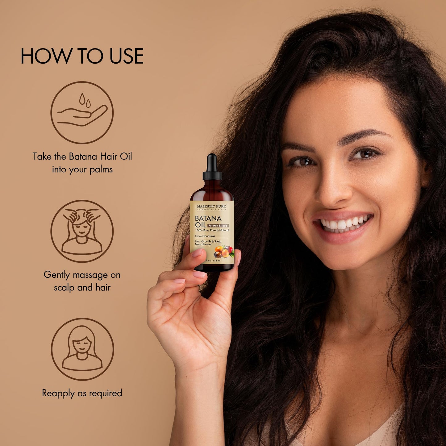 Majestic Pure Batana Oil for Hair & Scalp Nourishment, Strengthening, Nourishing, Voluminizing - Non GMO Verified, 4 Fl Oz