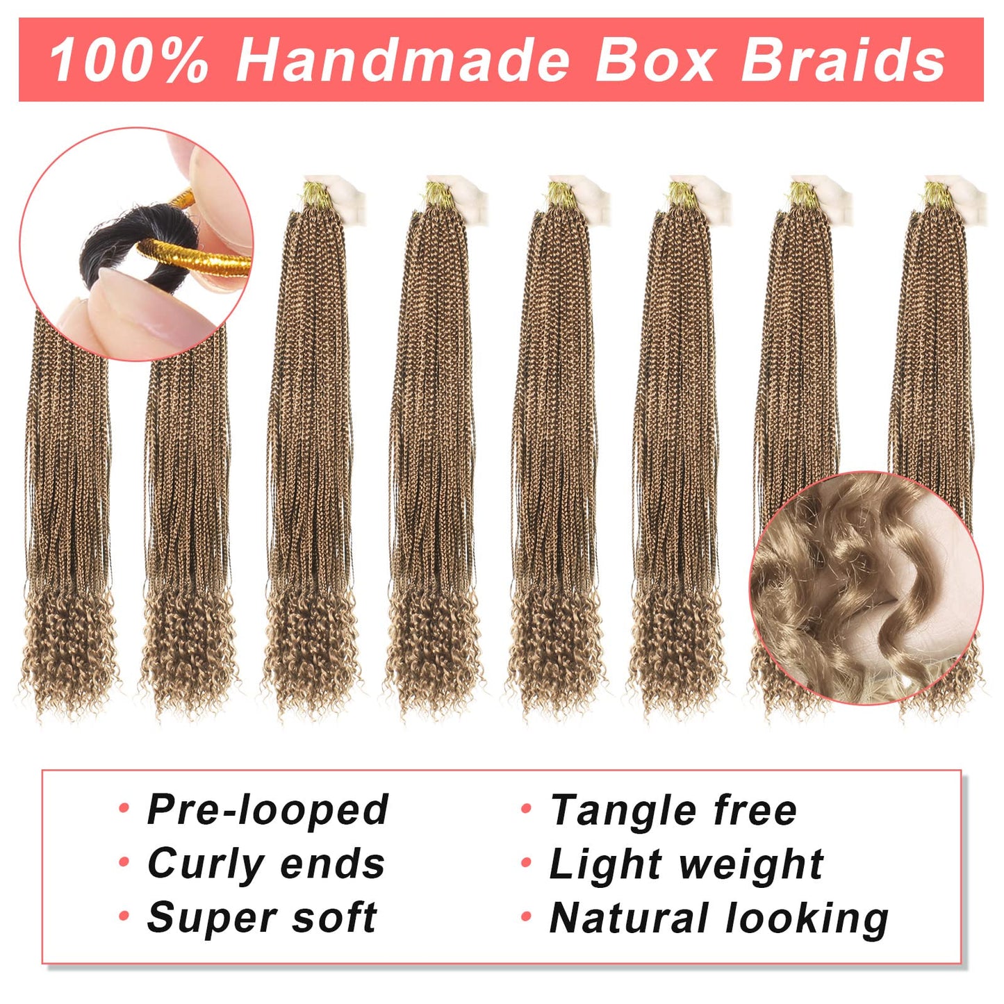 Xtrend 8 Packs 34 Inch Goddess Box Braids Crochet Hair Prelooped Knotless 3X Braids Strawberry Blonde Hair Extensions Curly Ends Boho Jumbo Box Braiding Hair for Women (12Strands/pack 27#)