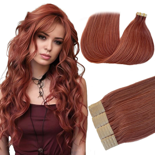 Tape in Hair Extensions Human Hair 14 Inch Glue in Remy Hair Extensions Auburn Brown Color Fashion Tape in Extensions for Women Double Side Invisible Tape in Human Hair Extensions 20Pcs 30Gram